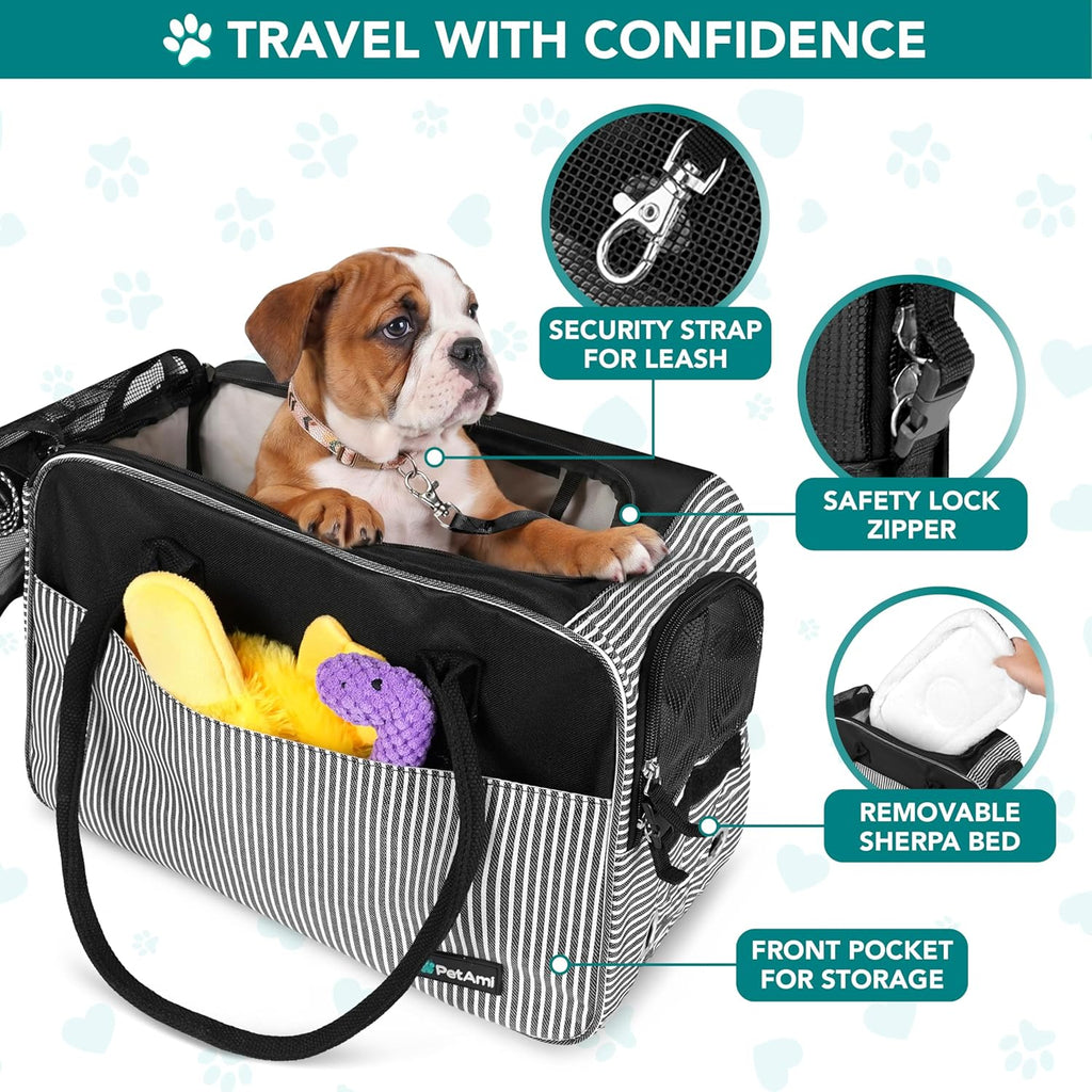 Small Dog Purse Carrier with Pockets, Airline Approved, Stripe Black