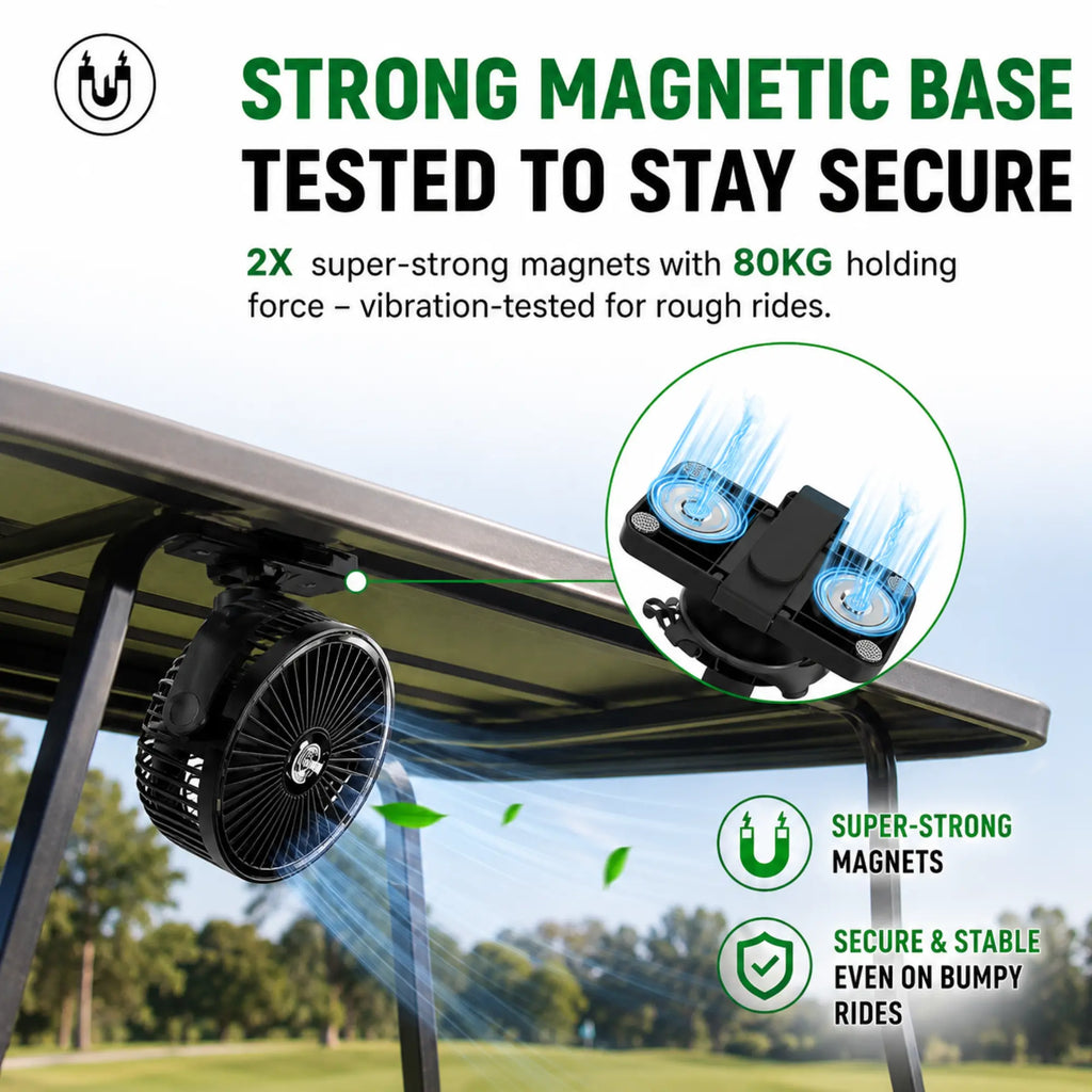 Golf Cart Fan with Mist – Magnetic Rechargeable Cooling Fan, Portable Golf Cart Accessory