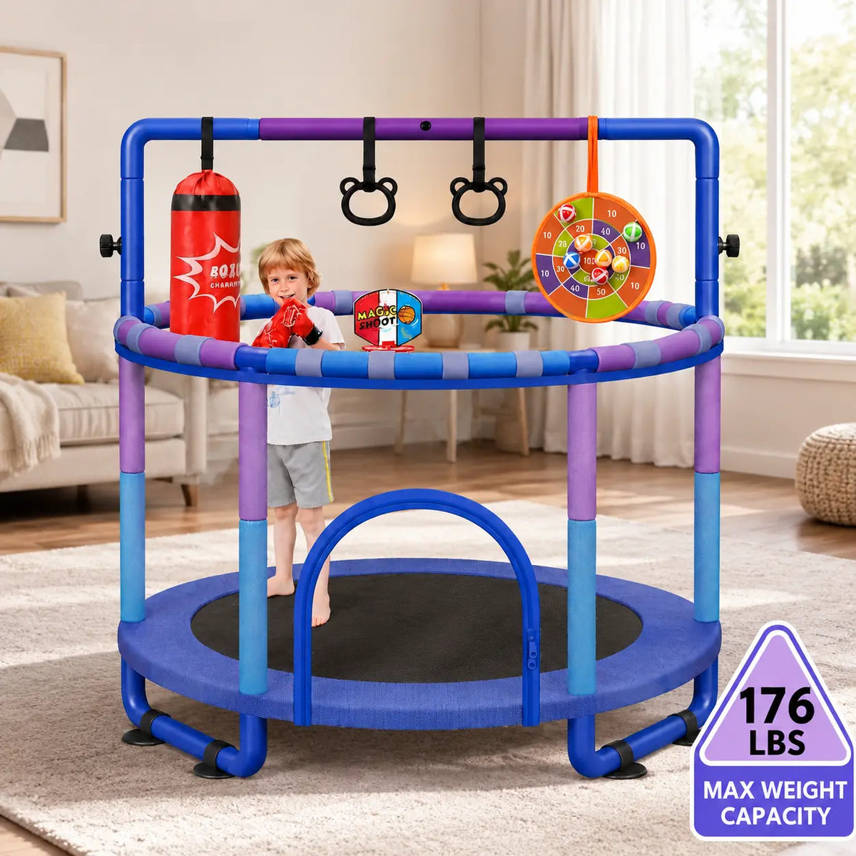 Yohood 55" Trampoline for Kids with Enclosure, 6-In-1 Toddler Trampoline Indoor Outdoor, Upgrade Full Anti-Rust Tube with Adjustable Gymnastics Bars for Boys Girls