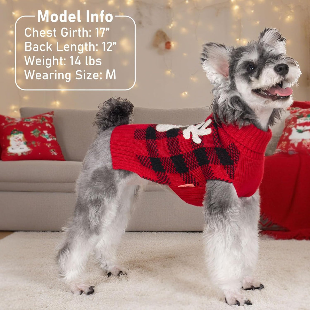 Dog Christmas Sweater for Small Dogs with Red Buffalo Plaid Reindeer