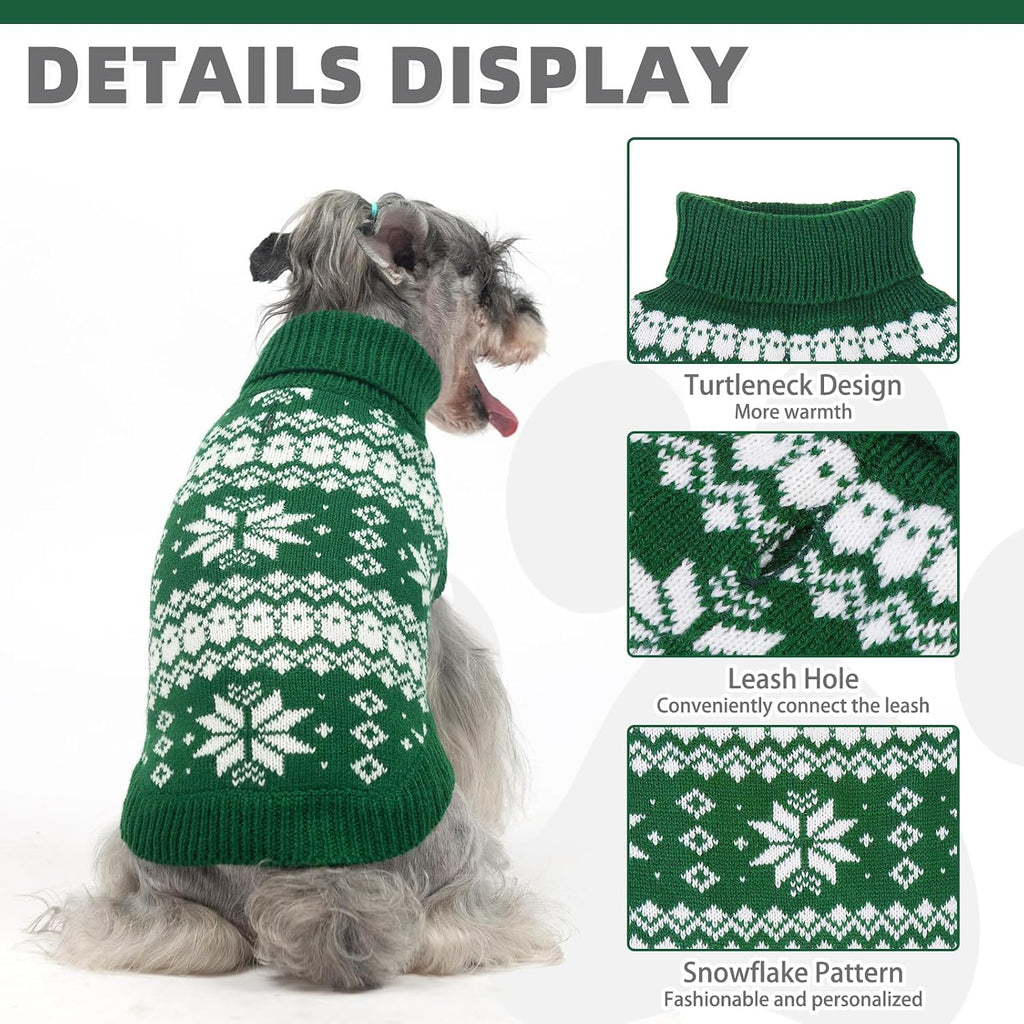 Cable Knit Dog Sweater Turtleneck, Cold Weather Pullover Classic Knitwear, Snowflake Pattern Thick Warm Winter Pet Clothes, Dog Christmas Sweater for Small Medium Large Dogs Cats, Green S