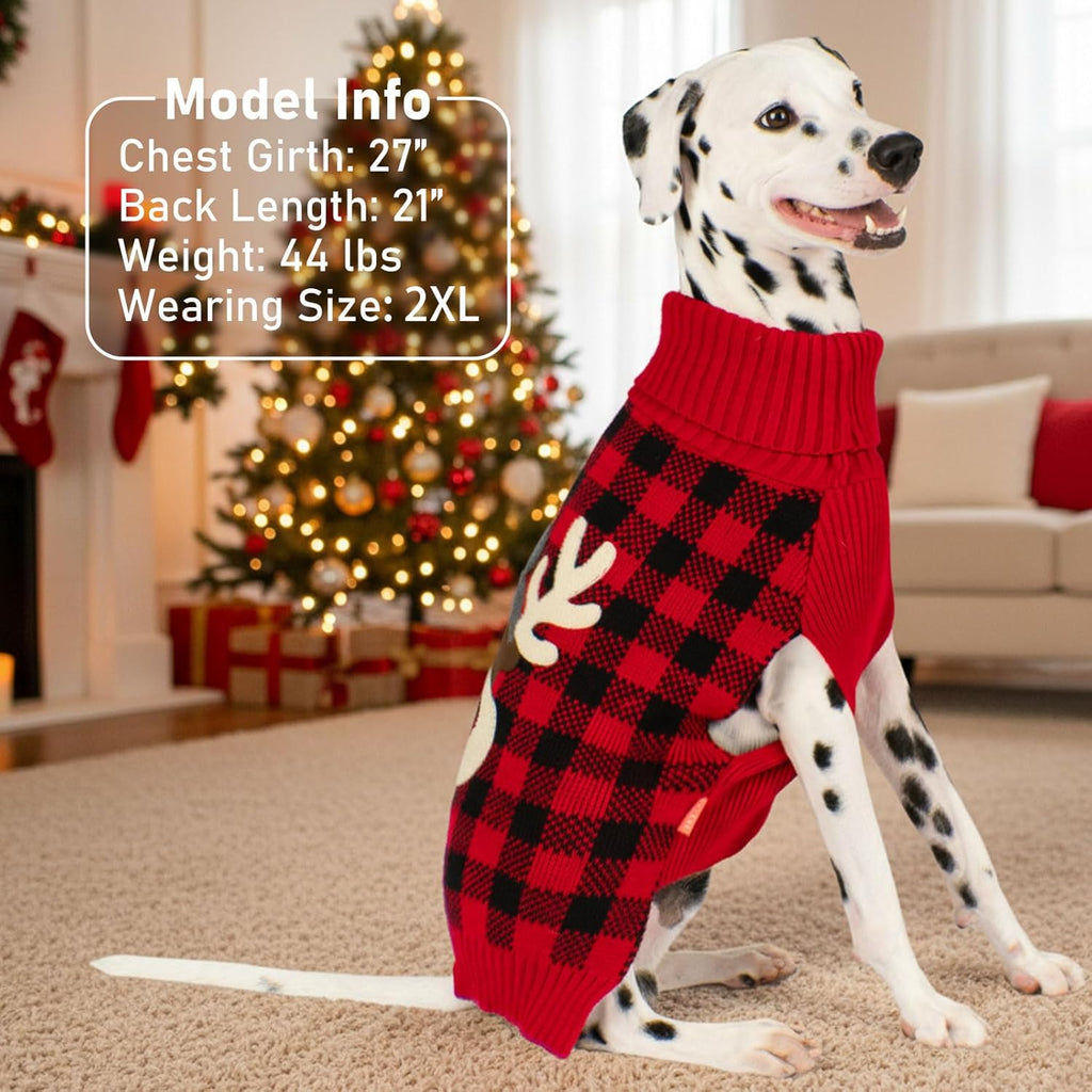 Dog Christmas Sweater for Small Dogs with Red Buffalo Plaid Reindeer