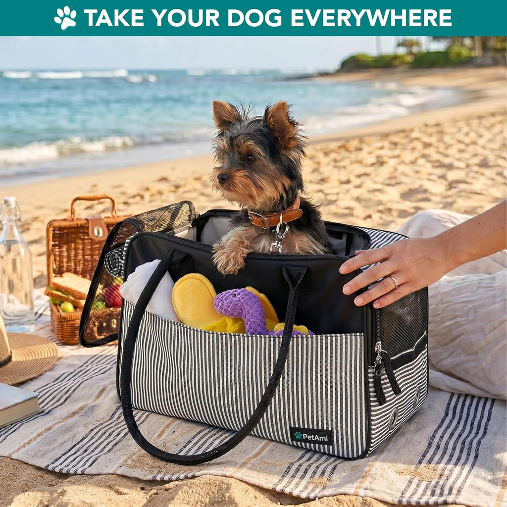 Small Dog Purse Carrier with Pockets, Airline Approved, Stripe Black