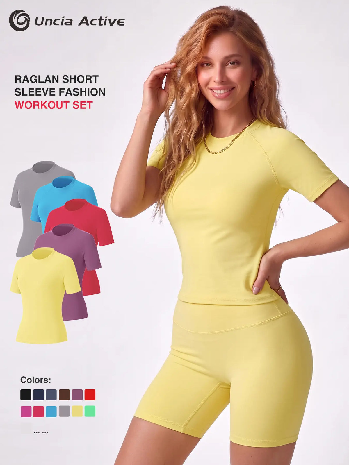 Uncia Active Women Stylish Raglan Short Sleeve Yoga Matching Set, Soft Stretch Crop Top & High Waist Biker Shorts Separates, Multi-Color Moisture Wicking Workout Activewear for Sports Daily Wear Backtoschool