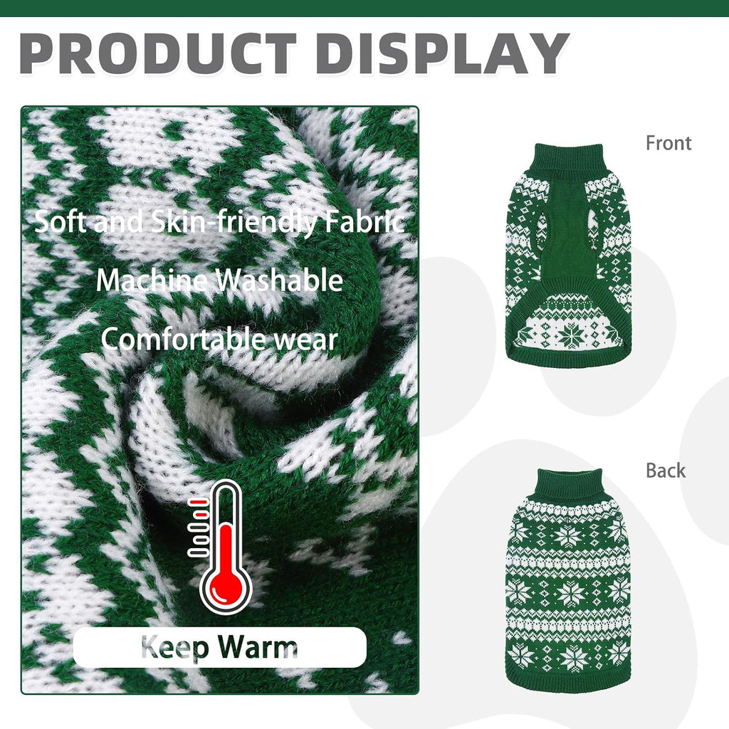 Cable Knit Dog Sweater Turtleneck, Cold Weather Pullover Classic Knitwear, Snowflake Pattern Thick Warm Winter Pet Clothes, Dog Christmas Sweater for Small Medium Large Dogs Cats, Green S