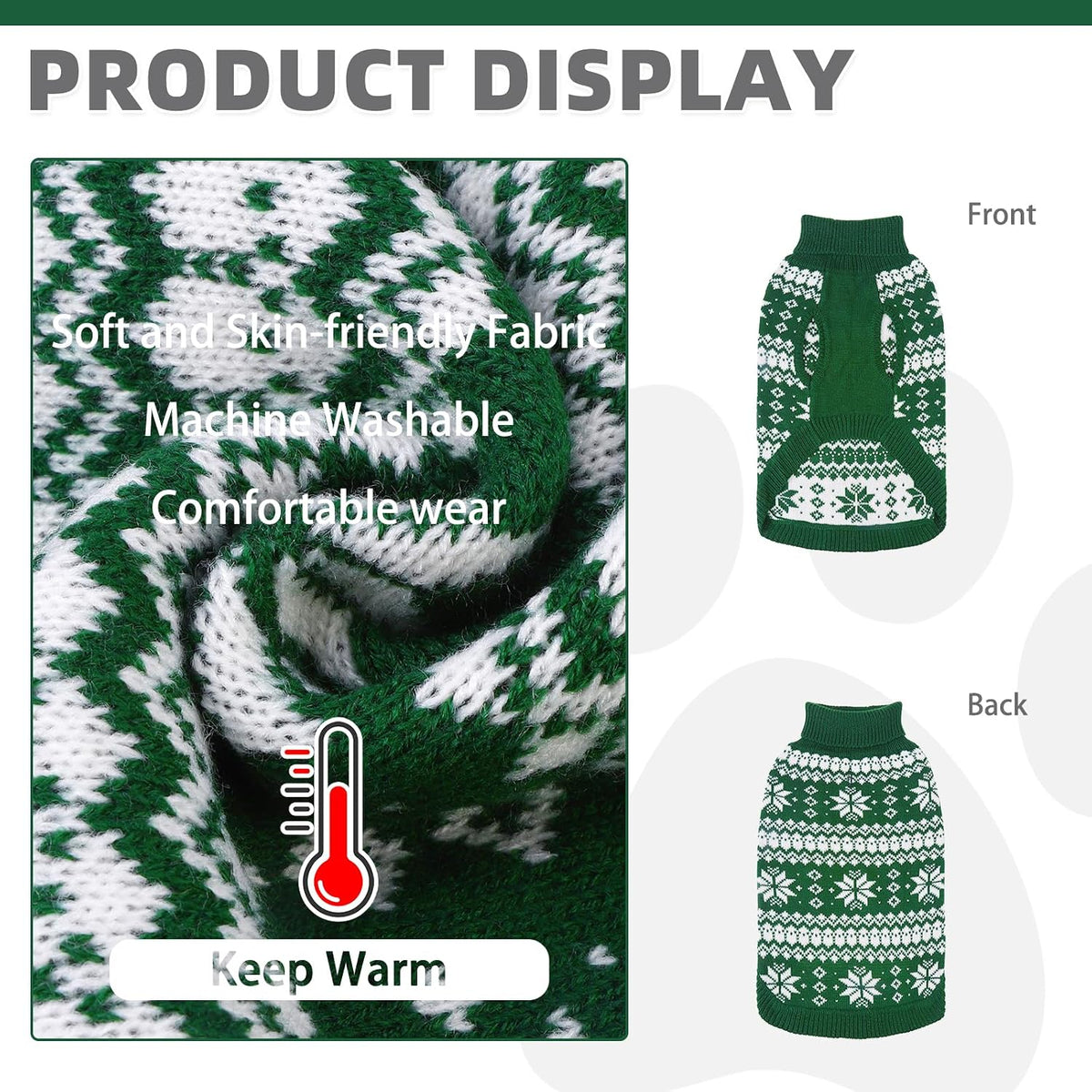 Cable Knit Dog Sweater Turtleneck, Cold Weather Pullover Classic Knitwear, Snowflake Pattern Thick Warm Winter Pet Clothes, Dog Christmas Sweater for Small Medium Large Dogs Cats, Green S