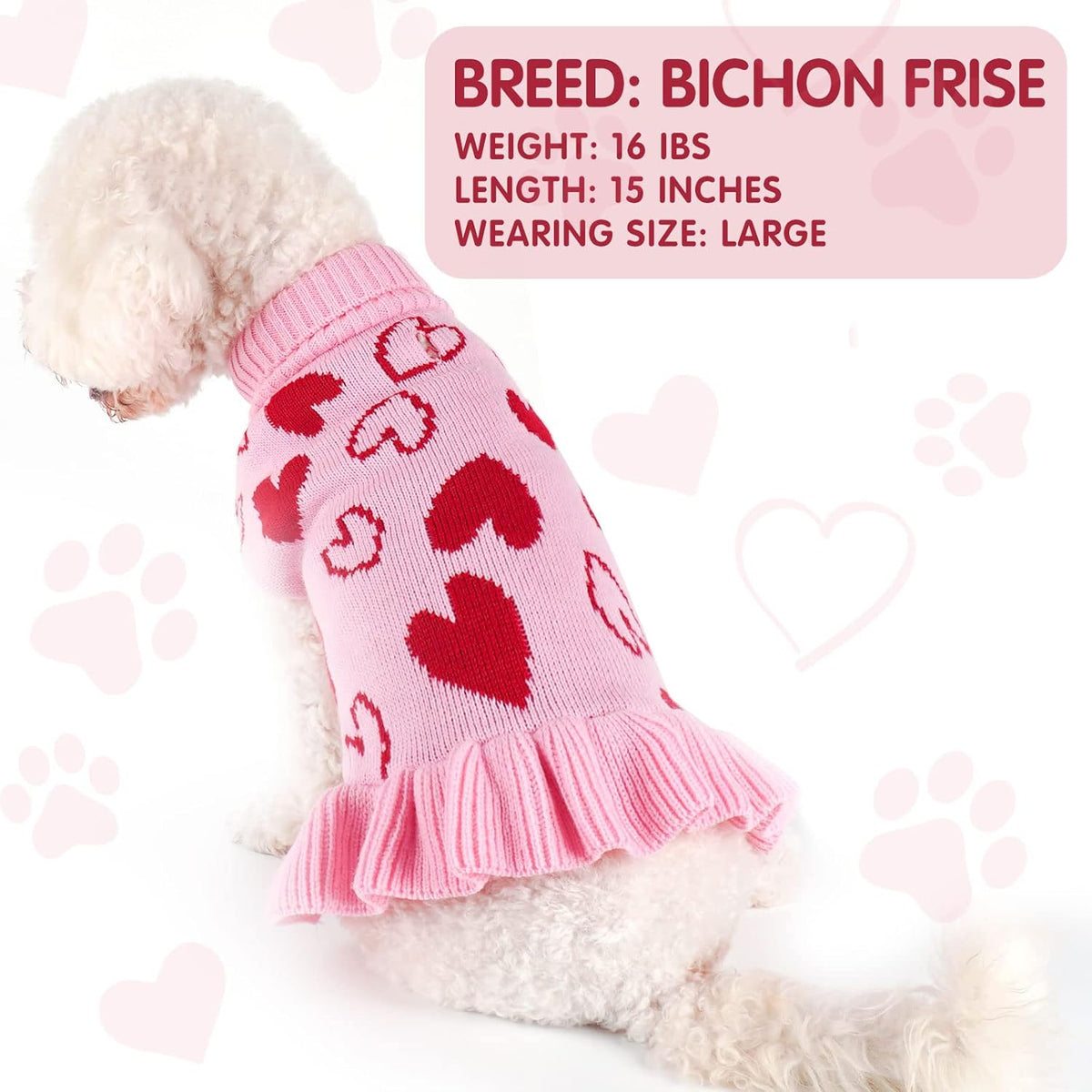 Valentines Dog Sweater Dress, Turtleneck Pullover Heart Outfit