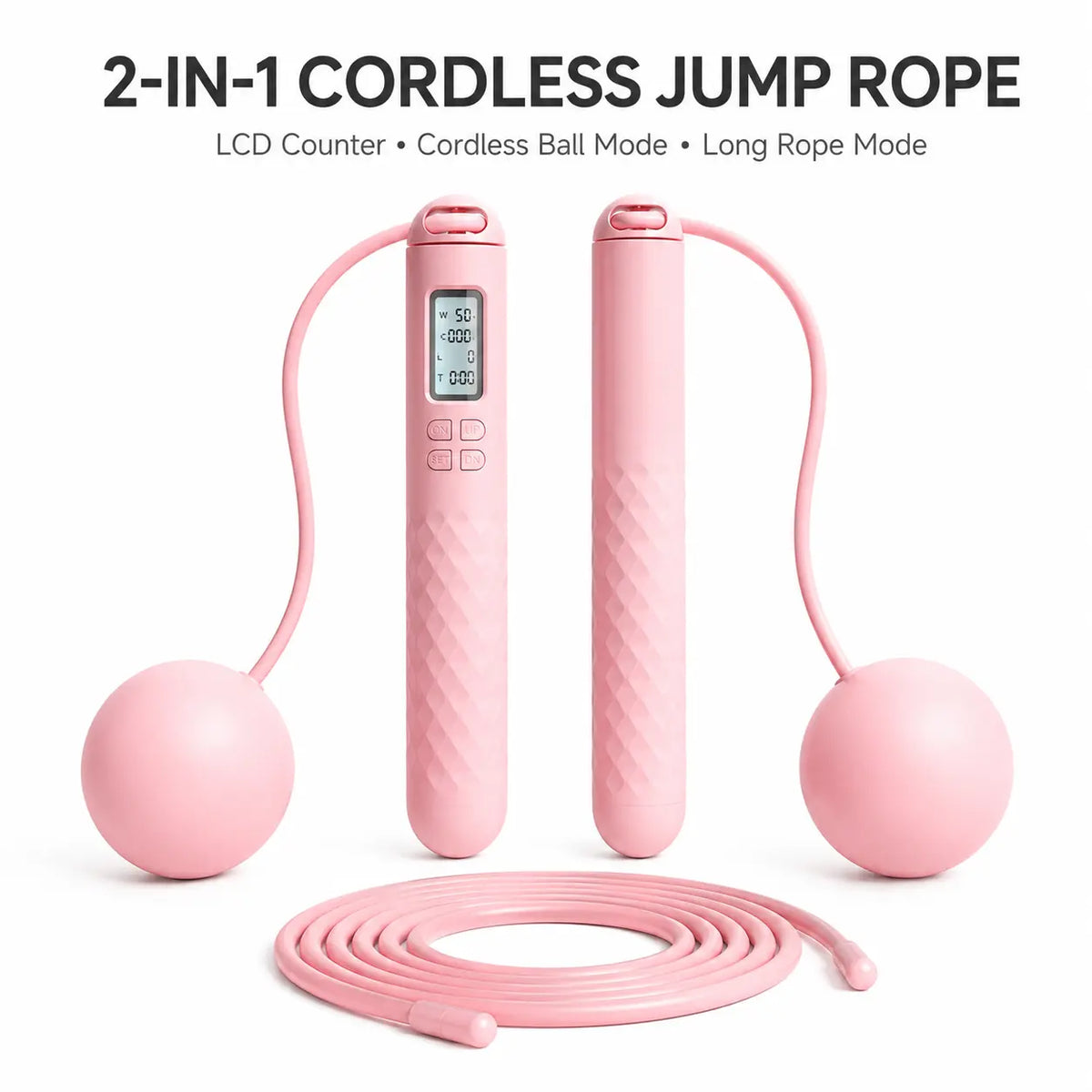 2-In-1 Smart Cordless Jump Rope with LCD Counter, Weighted Balls & Long Rope, Indoor Cardio Skipping Rope for Home Workout, Pink，Black