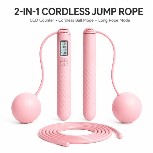 2-In-1 Smart Cordless Jump Rope with LCD Counter, Weighted Balls & Long Rope, Indoor Cardio Skipping Rope for Home Workout, Pink，Black