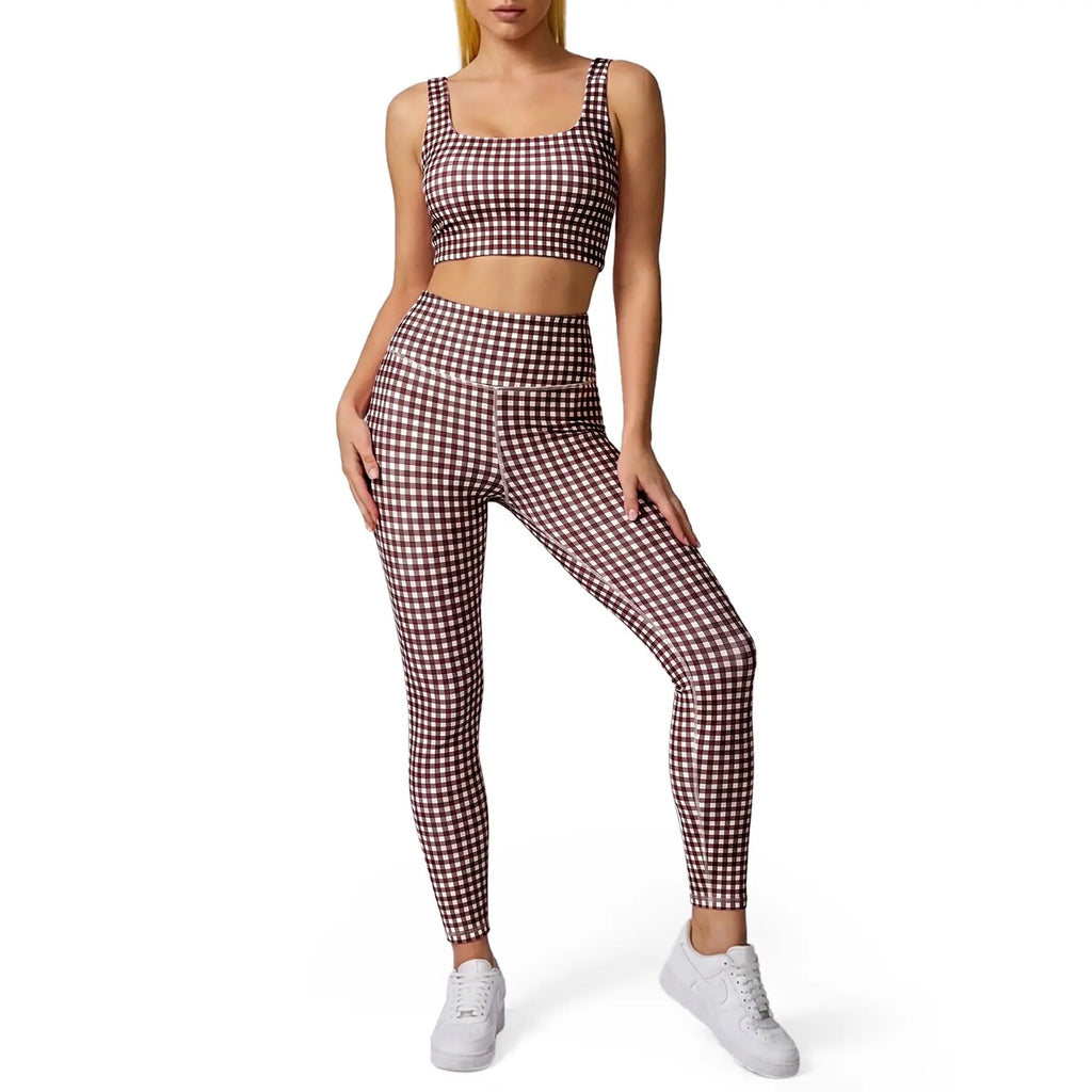 Aoysky Women'S Sporty Gingham Print 2-Piece Matching Yoga Set with Padded Crop Tank and High Waist Leggings, Matching Outfits, Female, Plain, Pants, Gym Workout Set, Athletic Yoga Set