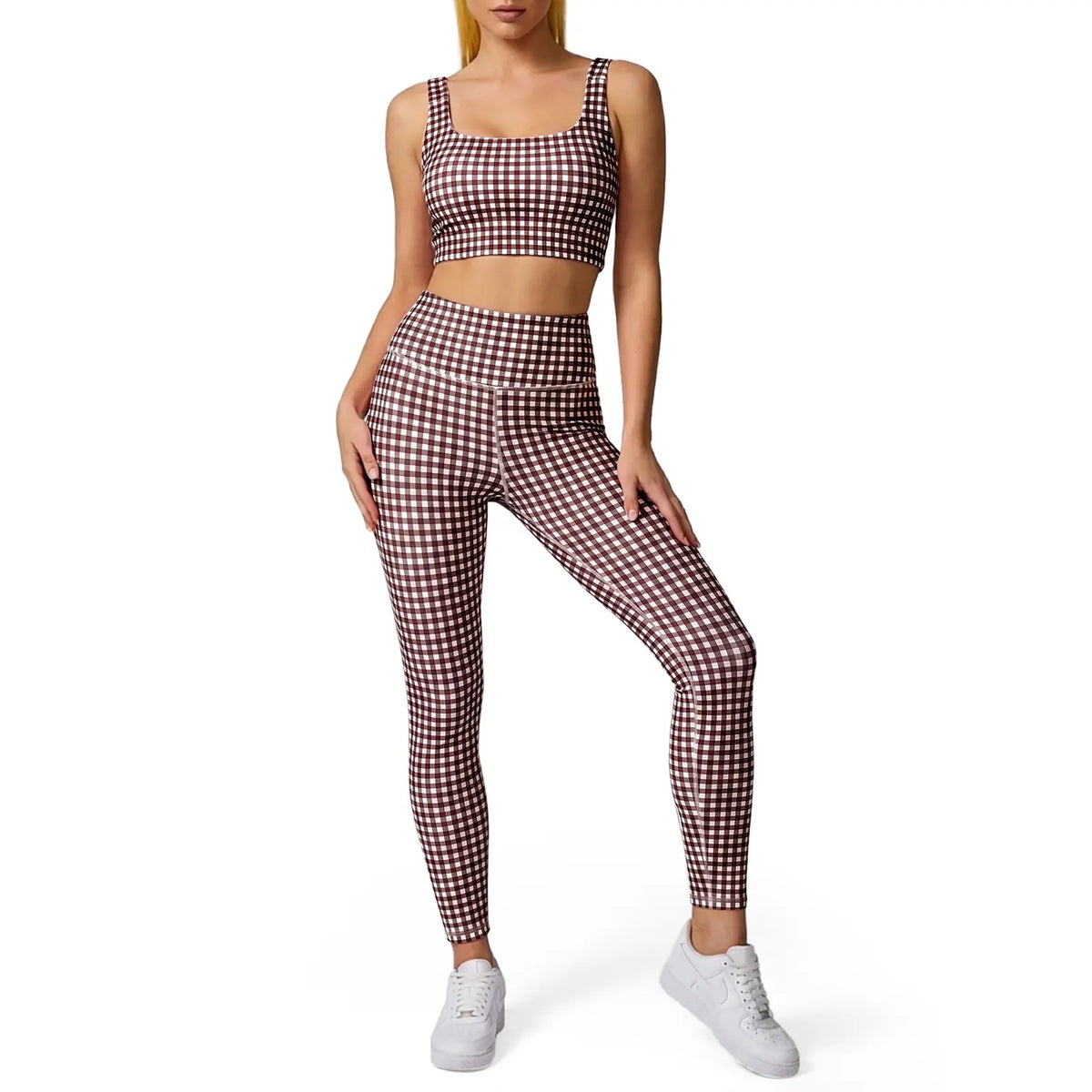 Aoysky Women'S Sporty Gingham Print 2-Piece Matching Yoga Set with Padded Crop Tank and High Waist Leggings, Matching Outfits, Female, Plain, Pants, Gym Workout Set, Athletic Yoga Set