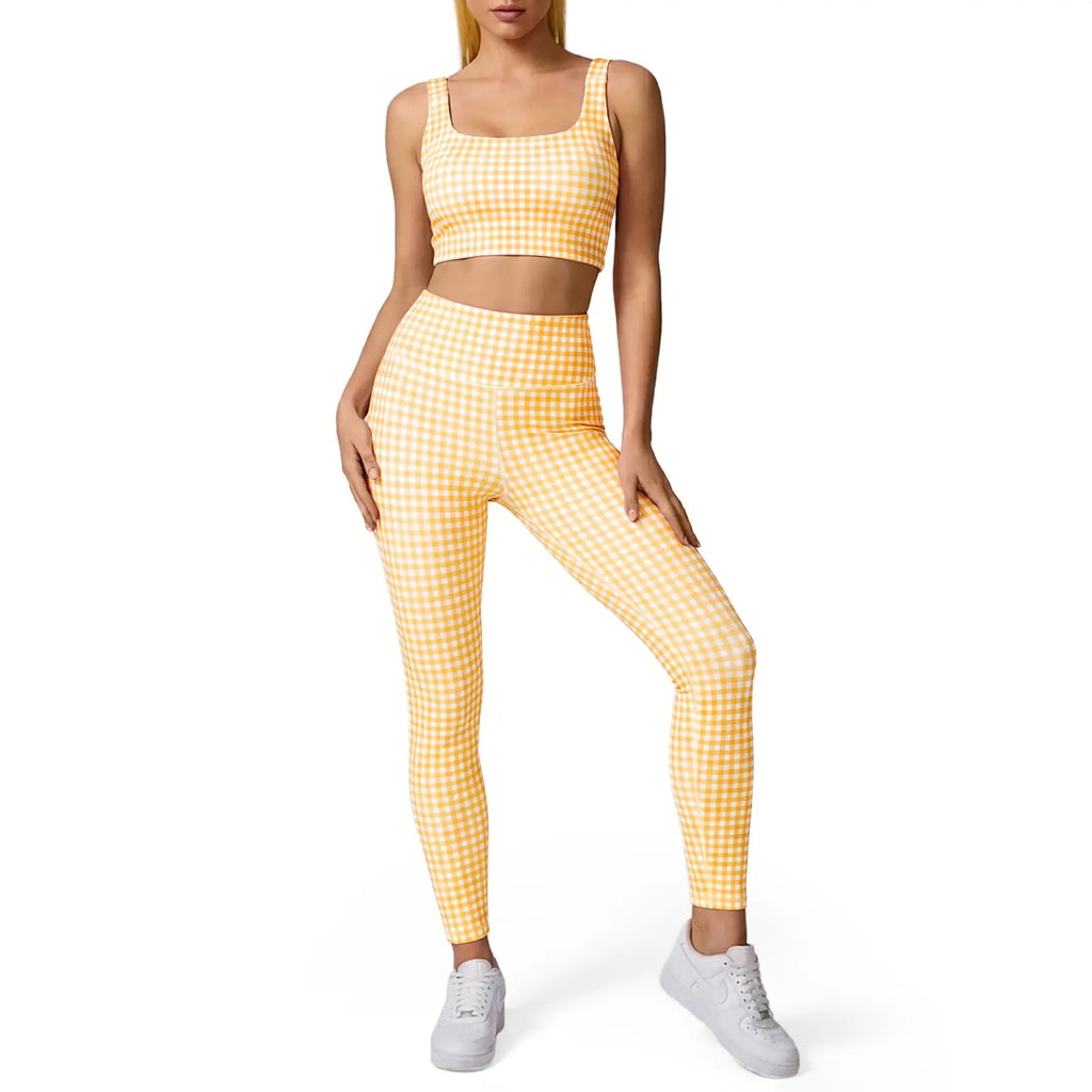 Aoysky Women'S Sporty Gingham Print 2-Piece Matching Yoga Set with Padded Crop Tank and High Waist Leggings, Matching Outfits, Female, Plain, Pants, Gym Workout Set, Athletic Yoga Set