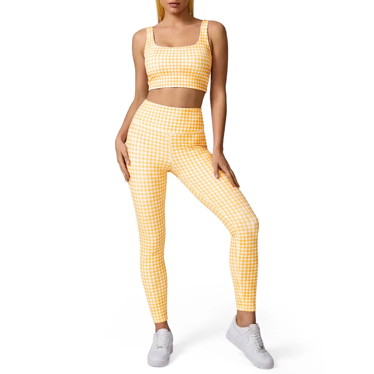 Aoysky Women'S Sporty Gingham Print 2-Piece Matching Yoga Set with Padded Crop Tank and High Waist Leggings, Matching Outfits, Female, Plain, Pants, Gym Workout Set, Athletic Yoga Set