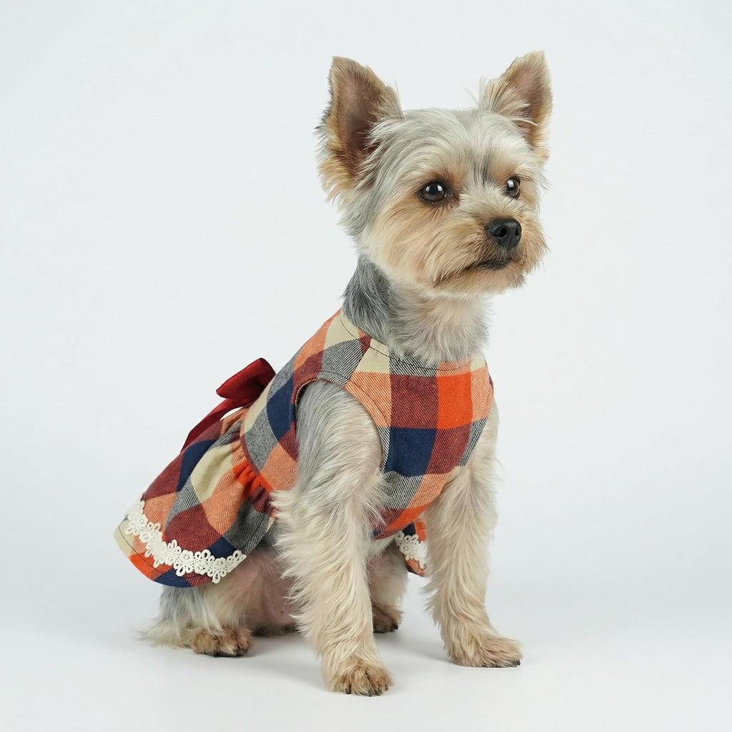 Christmas Elegant Lace Plaid Dog Dress for Pet Clothes Shirts Apparel, Small