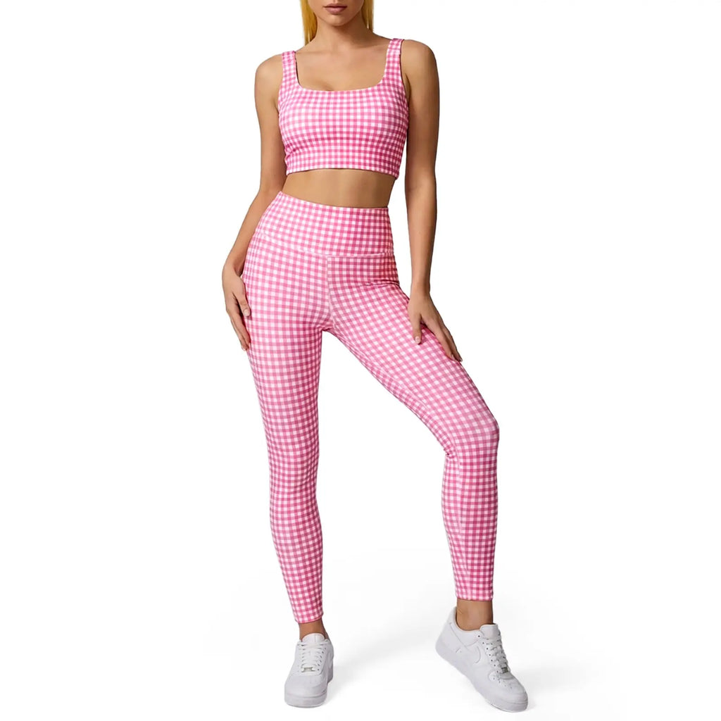 Aoysky Women'S Sporty Gingham Print 2-Piece Matching Yoga Set with Padded Crop Tank and High Waist Leggings, Matching Outfits, Female, Plain, Pants, Gym Workout Set, Athletic Yoga Set