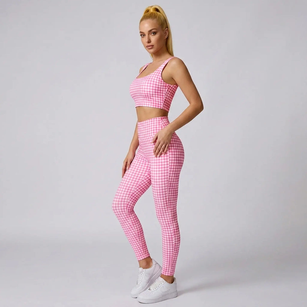 Aoysky Women'S Sporty Gingham Print 2-Piece Matching Yoga Set with Padded Crop Tank and High Waist Leggings, Matching Outfits, Female, Plain, Pants, Gym Workout Set, Athletic Yoga Set
