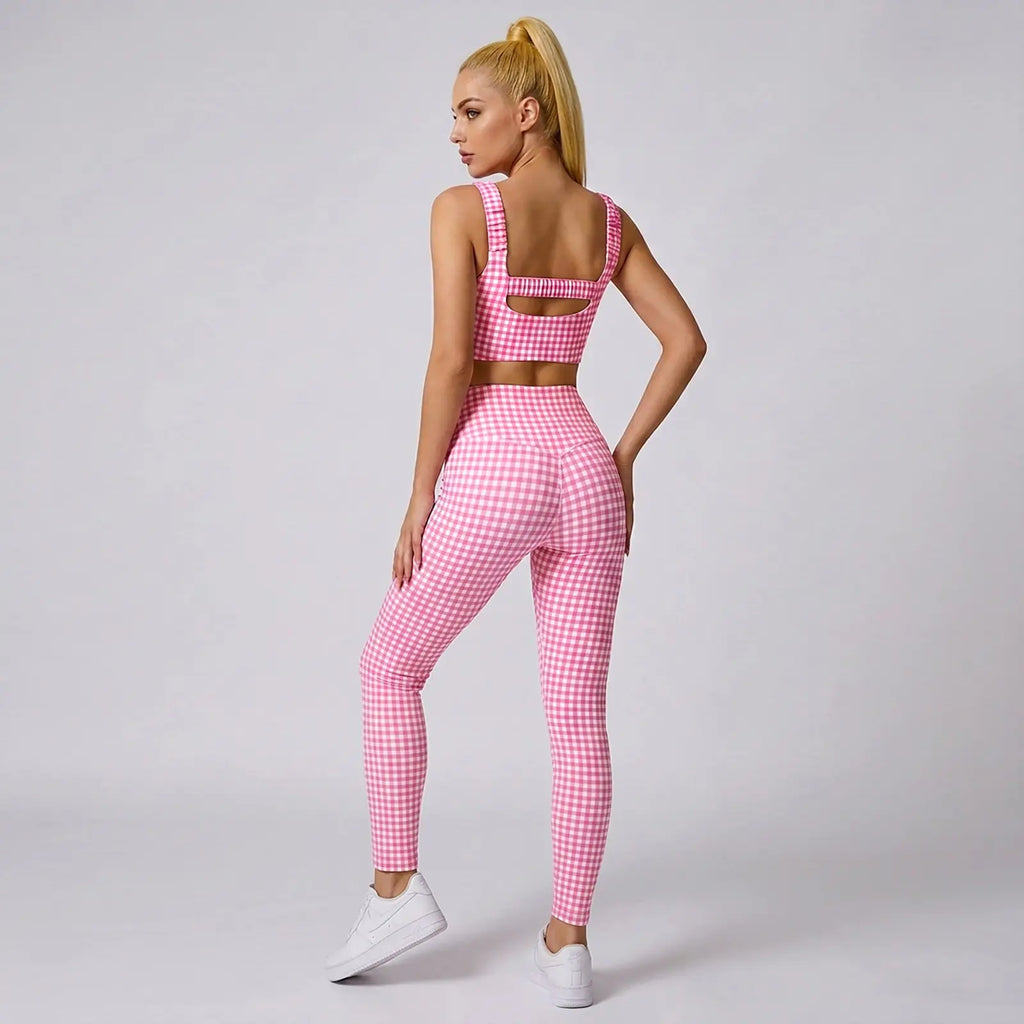 Aoysky Women'S Sporty Gingham Print 2-Piece Matching Yoga Set with Padded Crop Tank and High Waist Leggings, Matching Outfits, Female, Plain, Pants, Gym Workout Set, Athletic Yoga Set