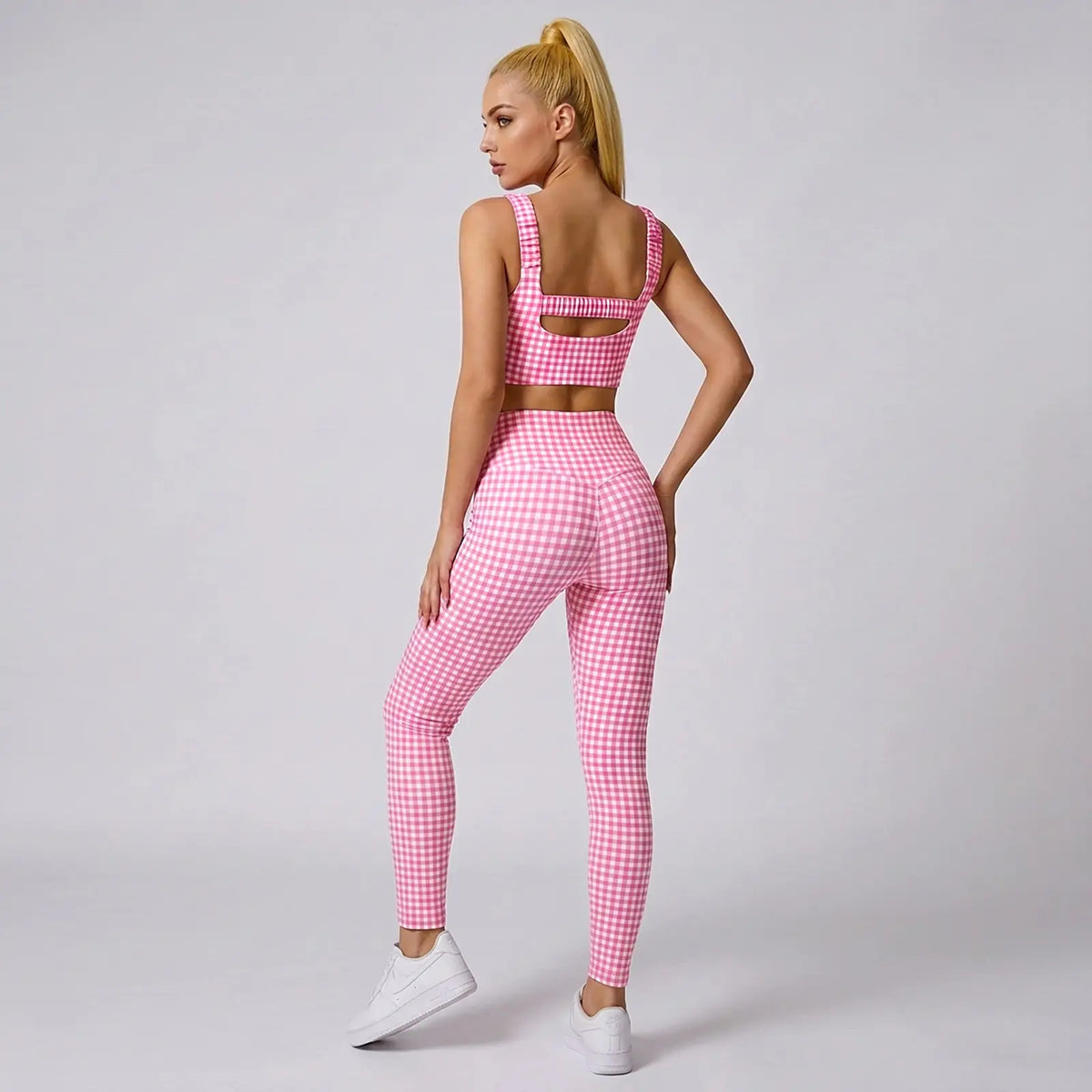 Aoysky Women'S Sporty Gingham Print 2-Piece Matching Yoga Set with Padded Crop Tank and High Waist Leggings, Matching Outfits, Female, Plain, Pants, Gym Workout Set, Athletic Yoga Set