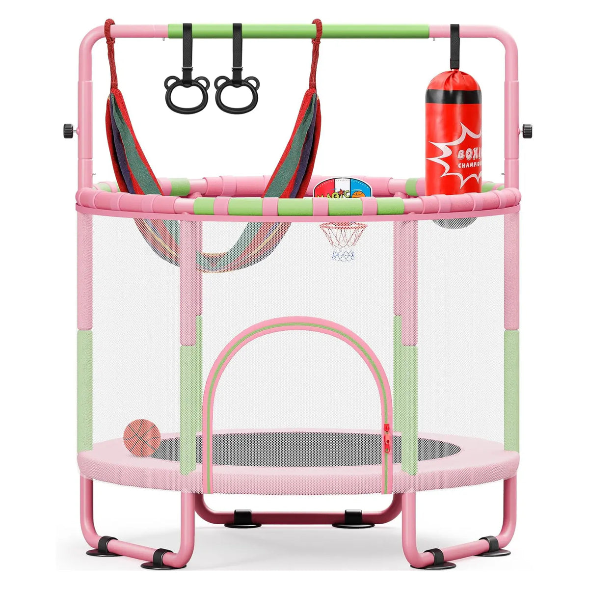 Yohood 55" Trampoline for Kids with Enclosure, 6-In-1 Toddler Trampoline Indoor Outdoor, Upgrade Full Anti-Rust Tube with Adjustable Gymnastics Bars for Boys Girls