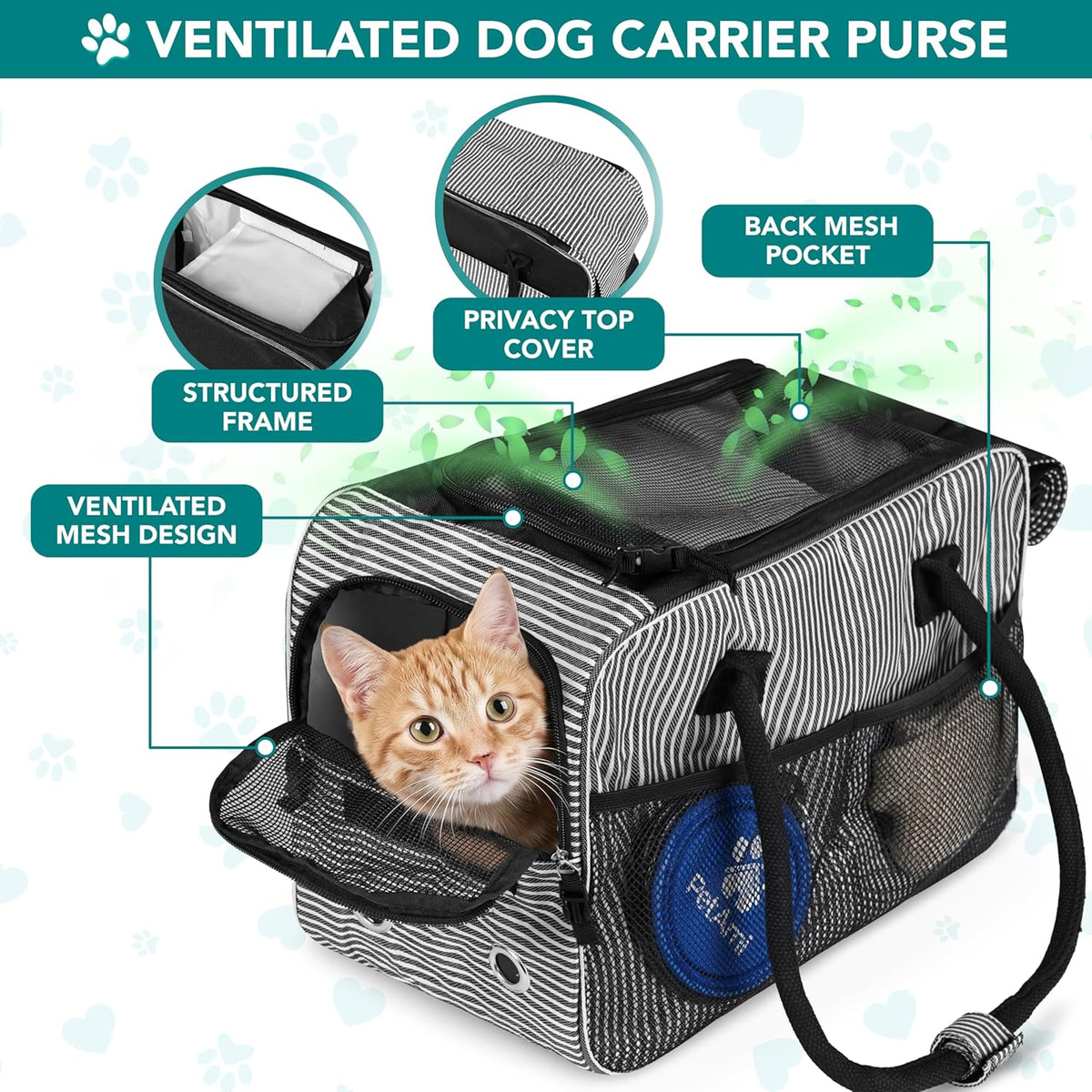 Small Dog Purse Carrier with Pockets, Airline Approved, Stripe Black