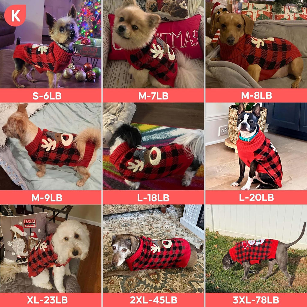 Dog Christmas Sweater for Small Dogs with Red Buffalo Plaid Reindeer