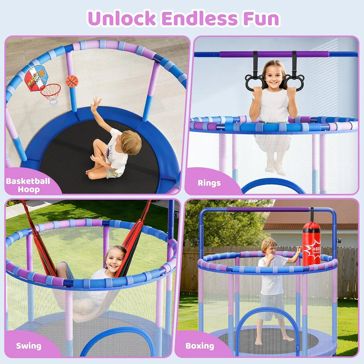 Yohood 55" Trampoline for Kids with Enclosure, 6-In-1 Toddler Trampoline Indoor Outdoor, Upgrade Full Anti-Rust Tube with Adjustable Gymnastics Bars for Boys Girls