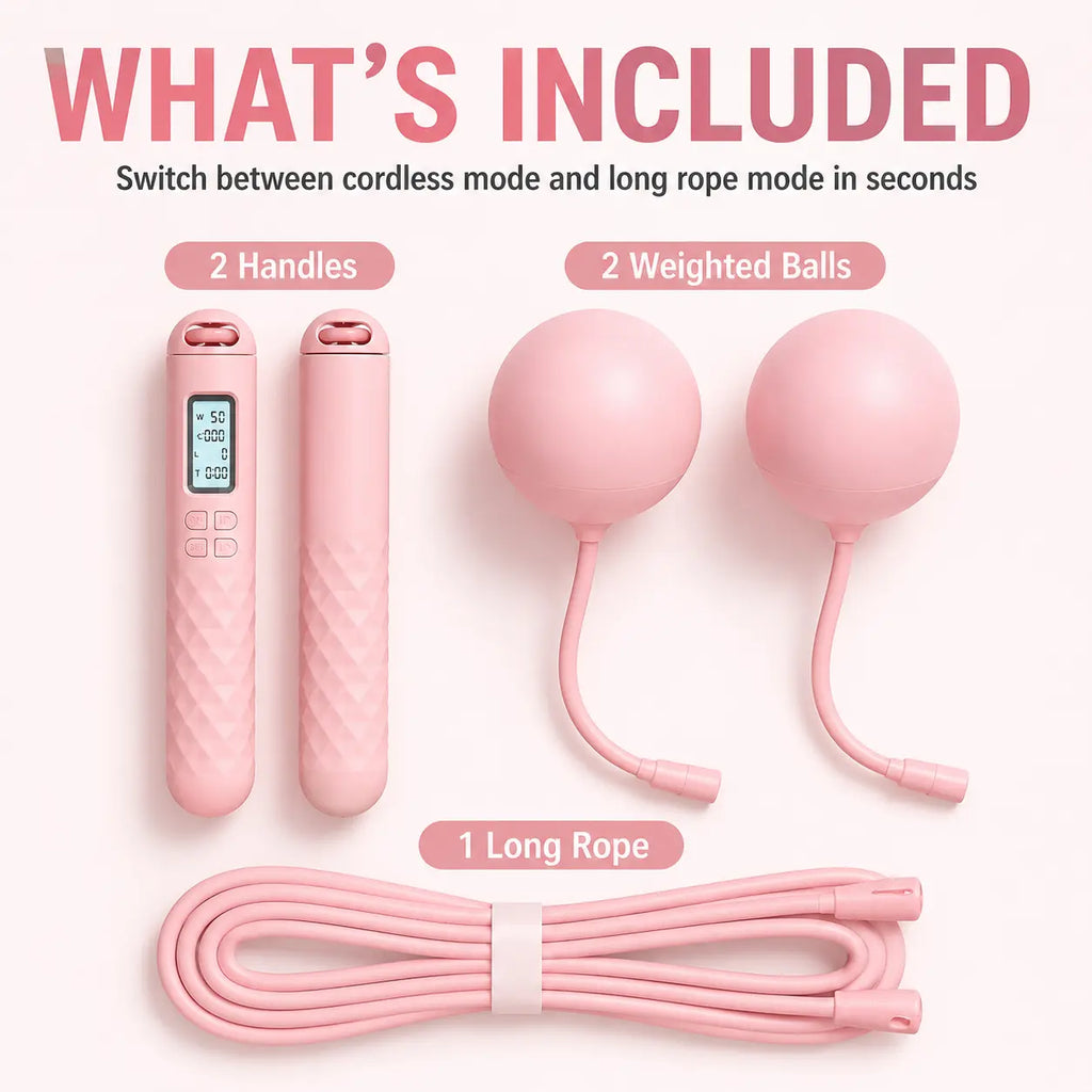 2-In-1 Smart Cordless Jump Rope with LCD Counter, Weighted Balls & Long Rope, Indoor Cardio Skipping Rope for Home Workout, Pink，Black