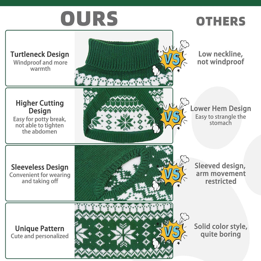 Cable Knit Dog Sweater Turtleneck, Cold Weather Pullover Classic Knitwear, Snowflake Pattern Thick Warm Winter Pet Clothes, Dog Christmas Sweater for Small Medium Large Dogs Cats, Green S
