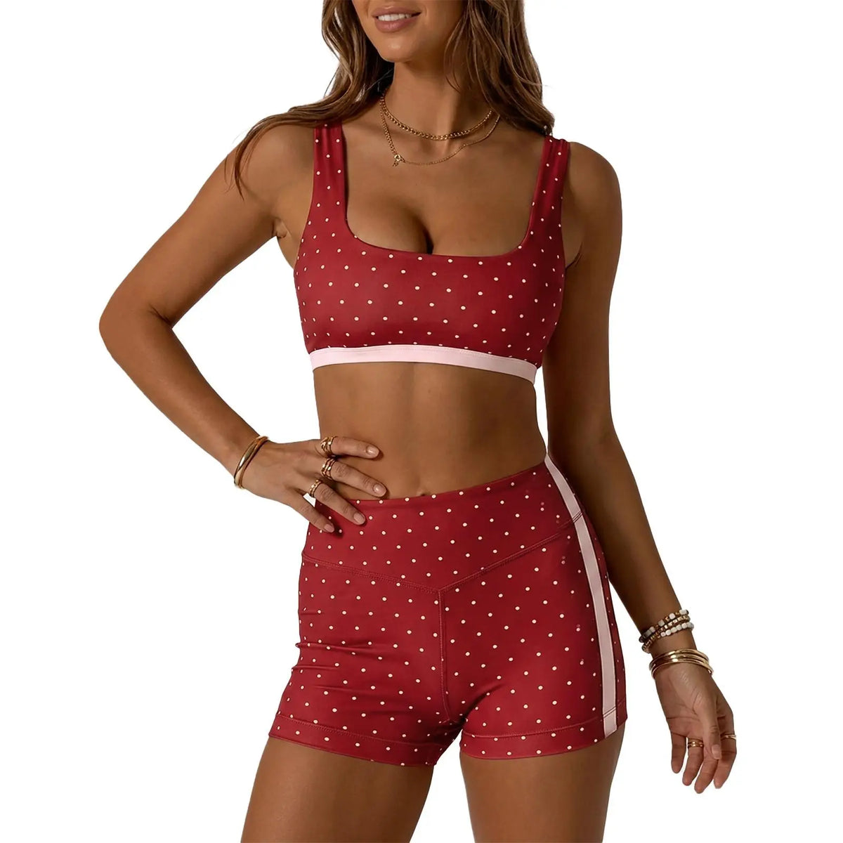 Aoysky Women'S Polka Dot 2-Piece Yoga Set - Square Neck Sports Bra, High Waist Biker Shorts, Loose-Fitting Female Workout Set for Gym, Athletic Use (Do Not Dry Clean), 2 Piece Set, Women'S Workout Sets