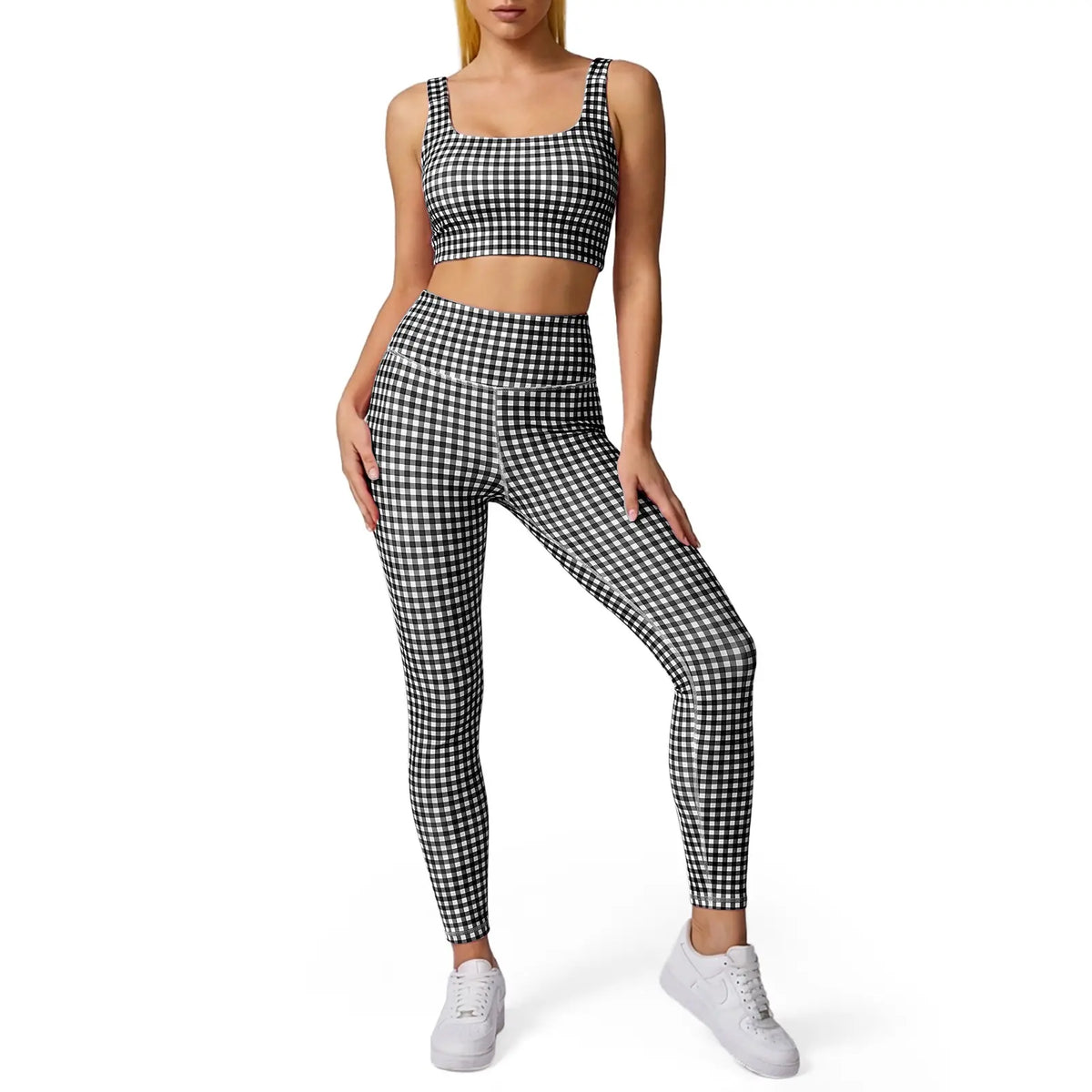 Aoysky Women'S Sporty Gingham Print 2-Piece Matching Yoga Set with Padded Crop Tank and High Waist Leggings, Matching Outfits, Female, Plain, Pants, Gym Workout Set, Athletic Yoga Set