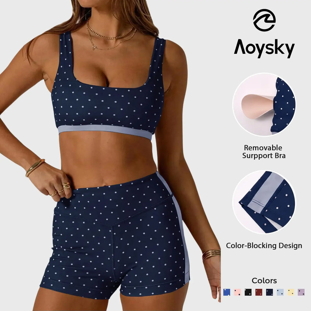 Aoysky Women'S Polka Dot 2-Piece Yoga Set - Square Neck Sports Bra, High Waist Biker Shorts, Loose-Fitting Female Workout Set for Gym, Athletic Use (Do Not Dry Clean), 2 Piece Set, Women'S Workout Sets