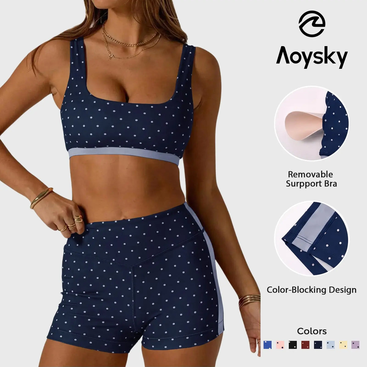 Aoysky Women'S Polka Dot 2-Piece Yoga Set - Square Neck Sports Bra, High Waist Biker Shorts, Loose-Fitting Female Workout Set for Gym, Athletic Use (Do Not Dry Clean), 2 Piece Set, Women'S Workout Sets