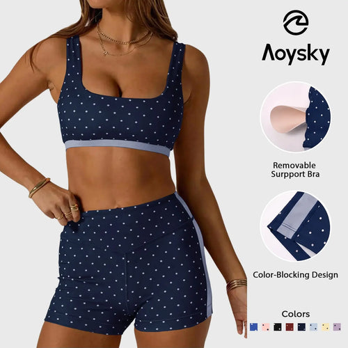 Aoysky Women'S Polka Dot 2-Piece Yoga Set - Square Neck Sports Bra, High Waist Biker Shorts, Loose-Fitting Female Workout Set for Gym, Athletic Use (Do Not Dry Clean), 2 Piece Set, Women'S Workout Sets