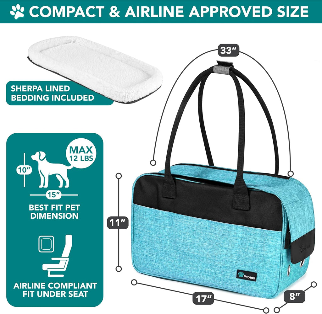 Small Dog Purse Carrier with Pockets, Airline Approved, Turquoise