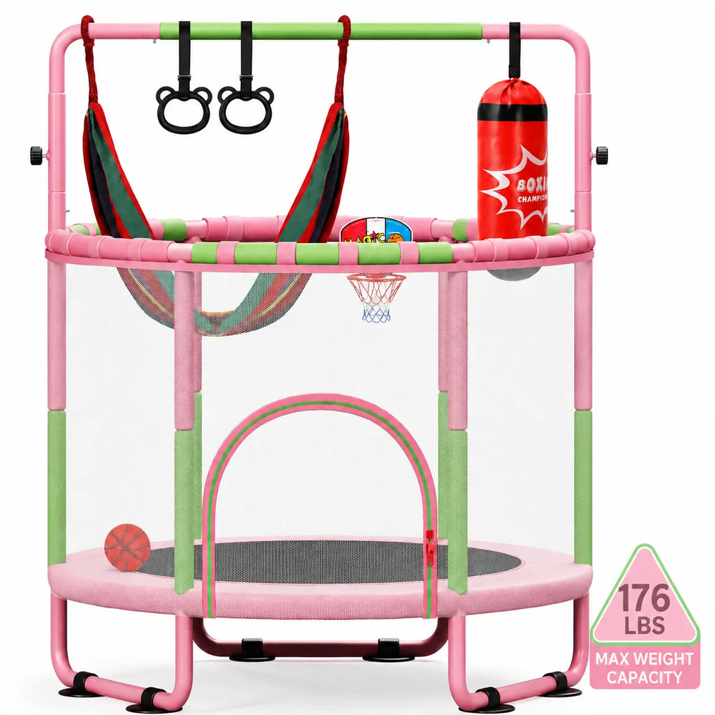 Yohood 55" Trampoline for Kids with Enclosure, 6-In-1 Toddler Trampoline Indoor Outdoor, Upgrade Full Anti-Rust Tube with Adjustable Gymnastics Bars for Boys Girls