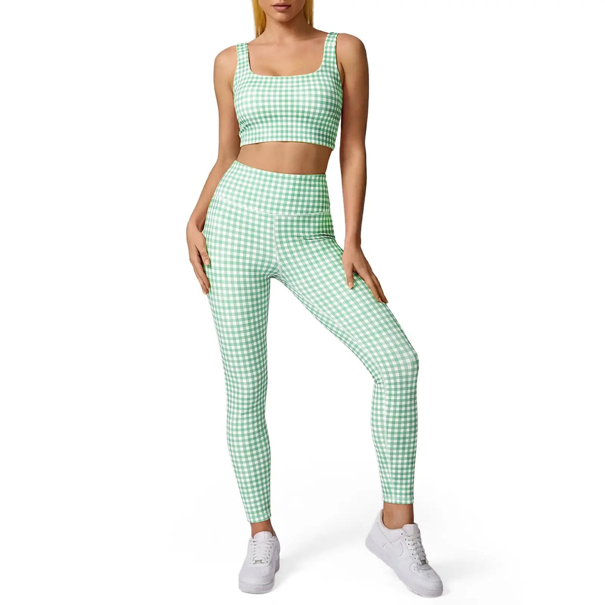Aoysky Women'S Sporty Gingham Print 2-Piece Matching Yoga Set with Padded Crop Tank and High Waist Leggings, Matching Outfits, Female, Plain, Pants, Gym Workout Set, Athletic Yoga Set