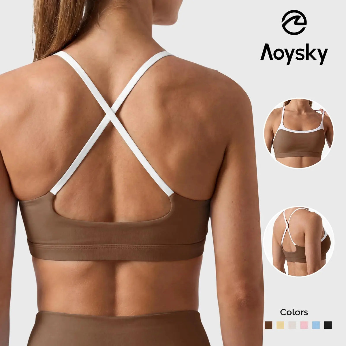 Aoysky Women'S Wireless Padded Spaghetti Strap Scoop Neck Cross Back Workout Bra - 3/4 Coverage Athleisure Crop Top for Yoga, Running; Check Size Chart