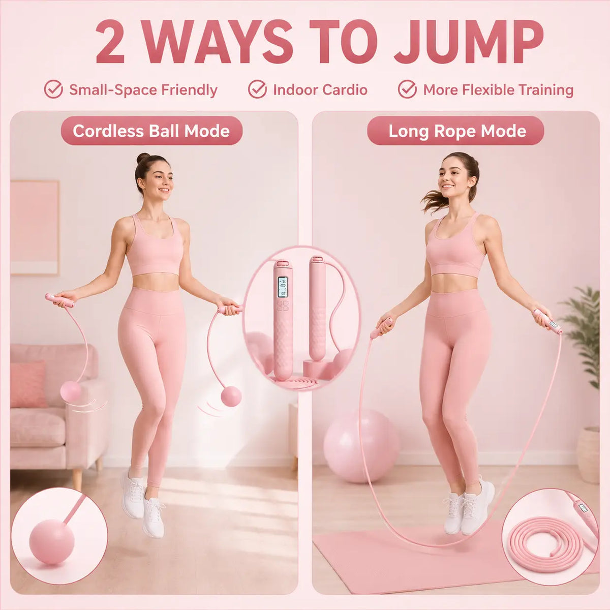 2-In-1 Smart Cordless Jump Rope with LCD Counter, Weighted Balls & Long Rope, Indoor Cardio Skipping Rope for Home Workout, Pink，Black