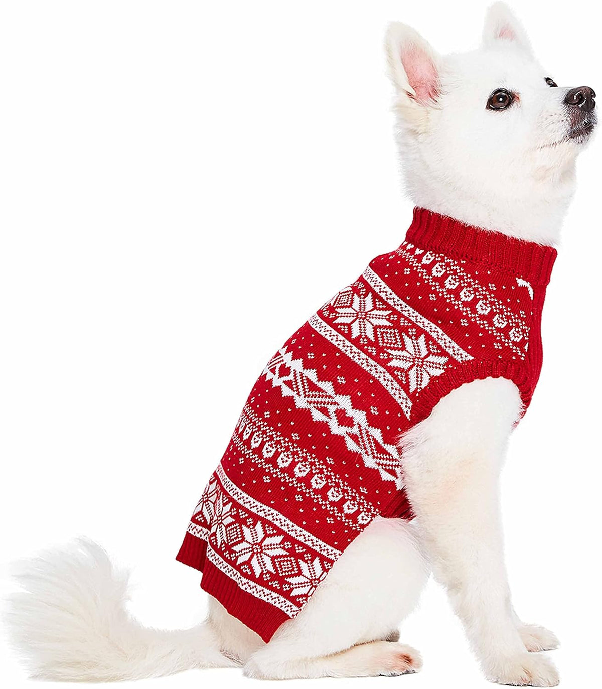 Ugly Christmas Snowflake Dog Sweater, Mockneck Fair Isle Clothes, Red, 22" Back Length, Warm Winter Accessories for Large Dogs, Award-Winning Petcare Brand