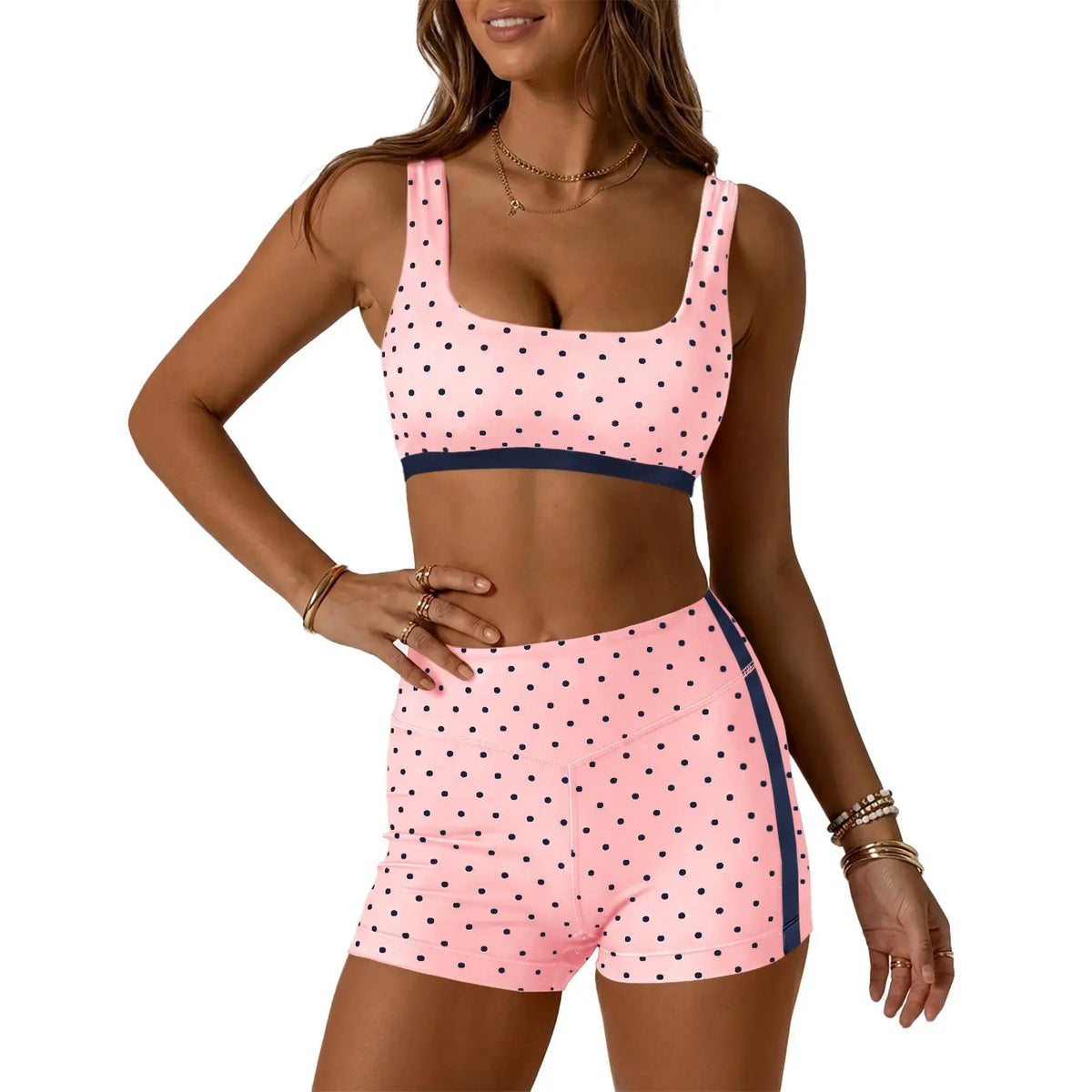 Aoysky Women'S Polka Dot 2-Piece Yoga Set - Square Neck Sports Bra, High Waist Biker Shorts, Loose-Fitting Female Workout Set for Gym, Athletic Use (Do Not Dry Clean), 2 Piece Set, Women'S Workout Sets