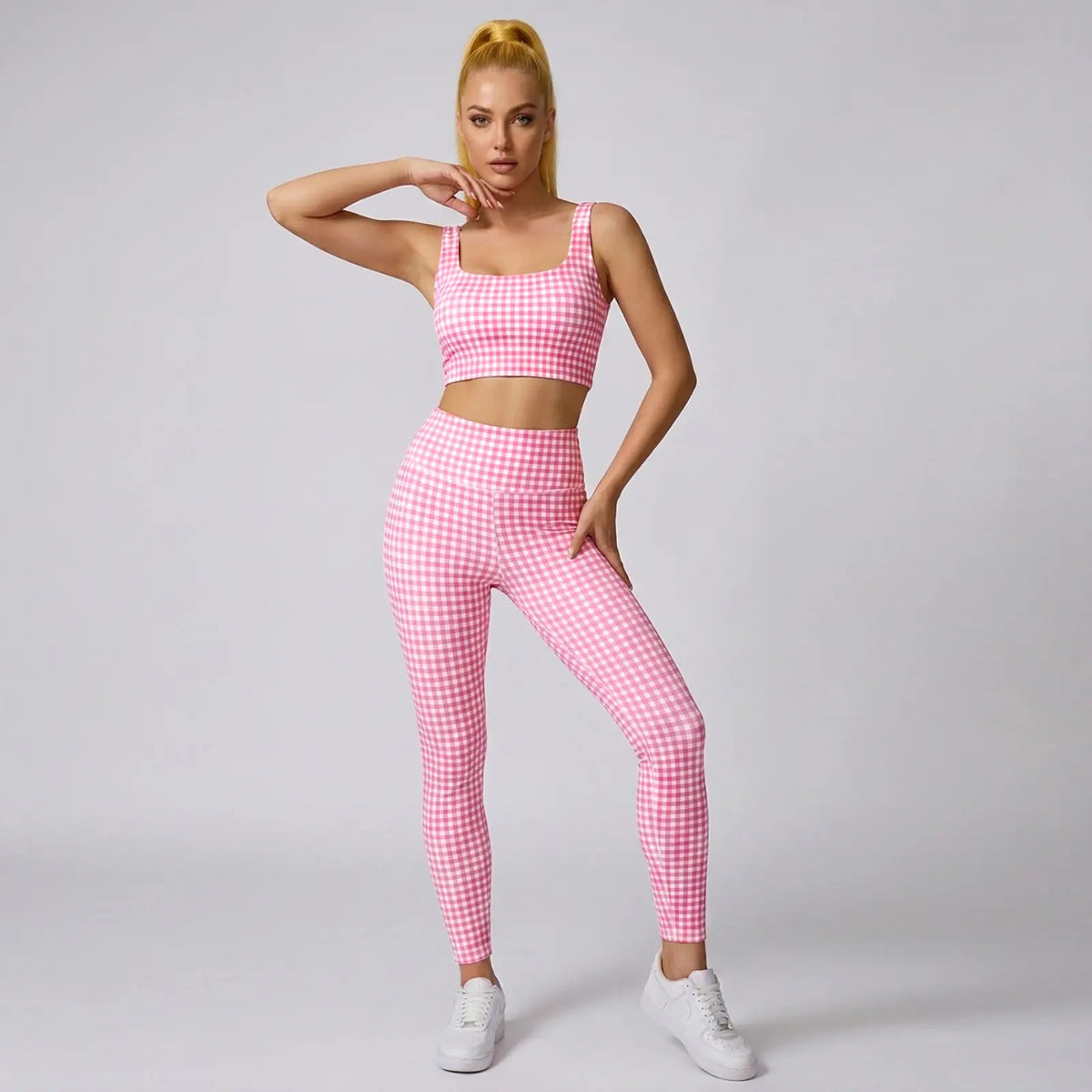 Aoysky Women'S Sporty Gingham Print 2-Piece Matching Yoga Set with Padded Crop Tank and High Waist Leggings, Matching Outfits, Female, Plain, Pants, Gym Workout Set, Athletic Yoga Set
