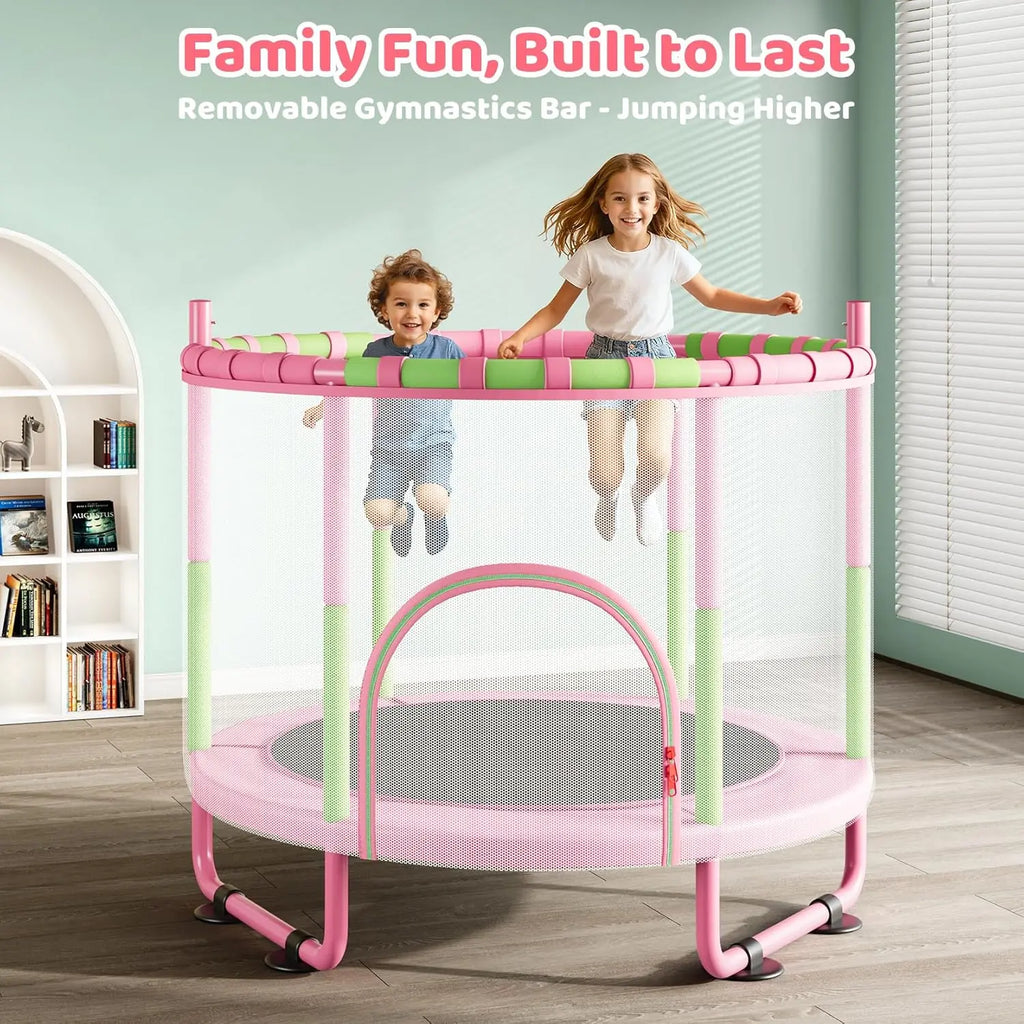 Yohood 55" Trampoline for Kids with Enclosure, 6-In-1 Toddler Trampoline Indoor Outdoor, Upgrade Full Anti-Rust Tube with Adjustable Gymnastics Bars for Boys Girls