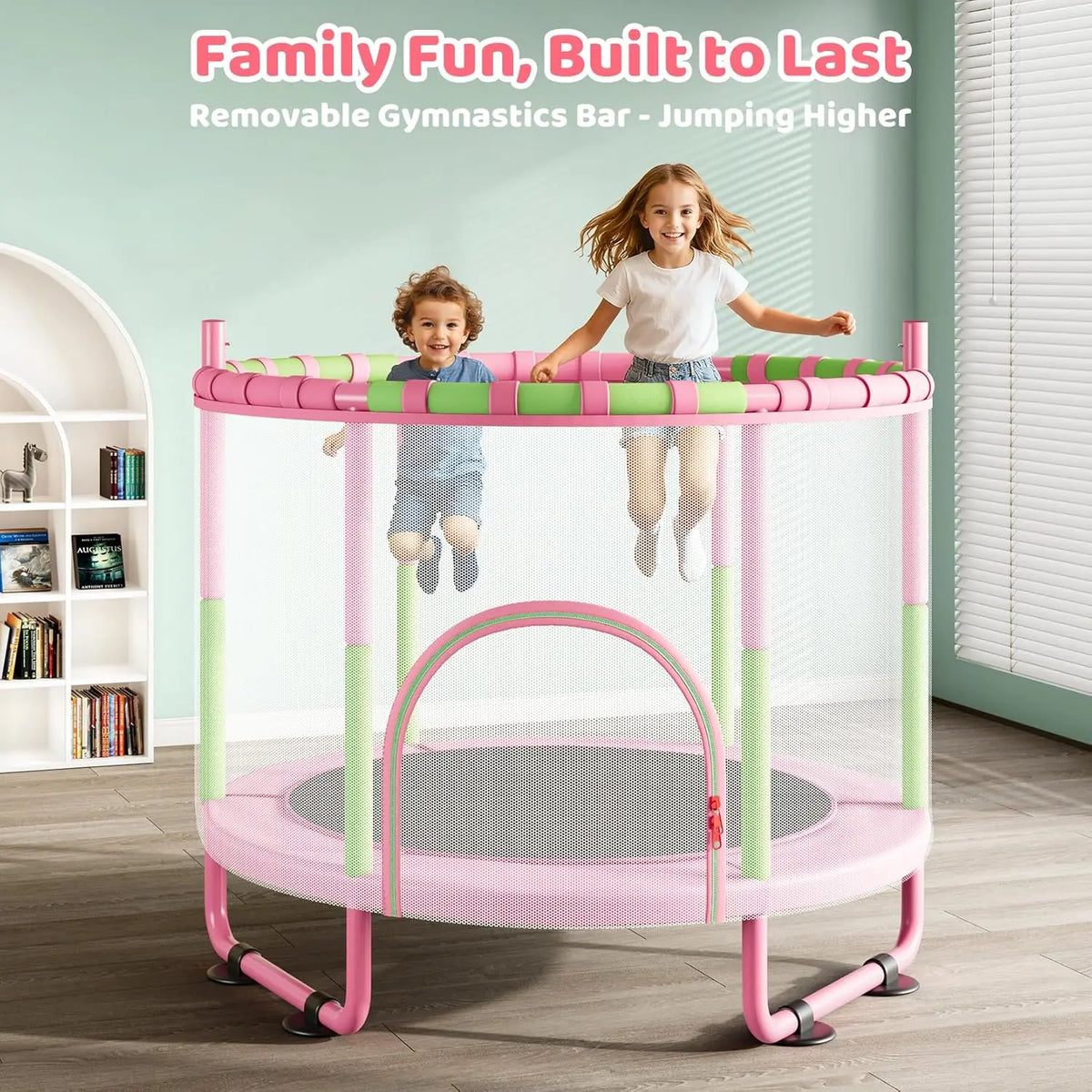 Yohood 55" Trampoline for Kids with Enclosure, 6-In-1 Toddler Trampoline Indoor Outdoor, Upgrade Full Anti-Rust Tube with Adjustable Gymnastics Bars for Boys Girls