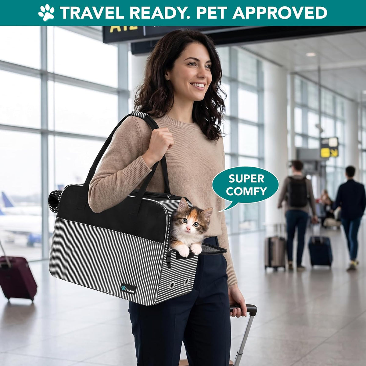 Small Dog Purse Carrier with Pockets, Airline Approved, Stripe Black