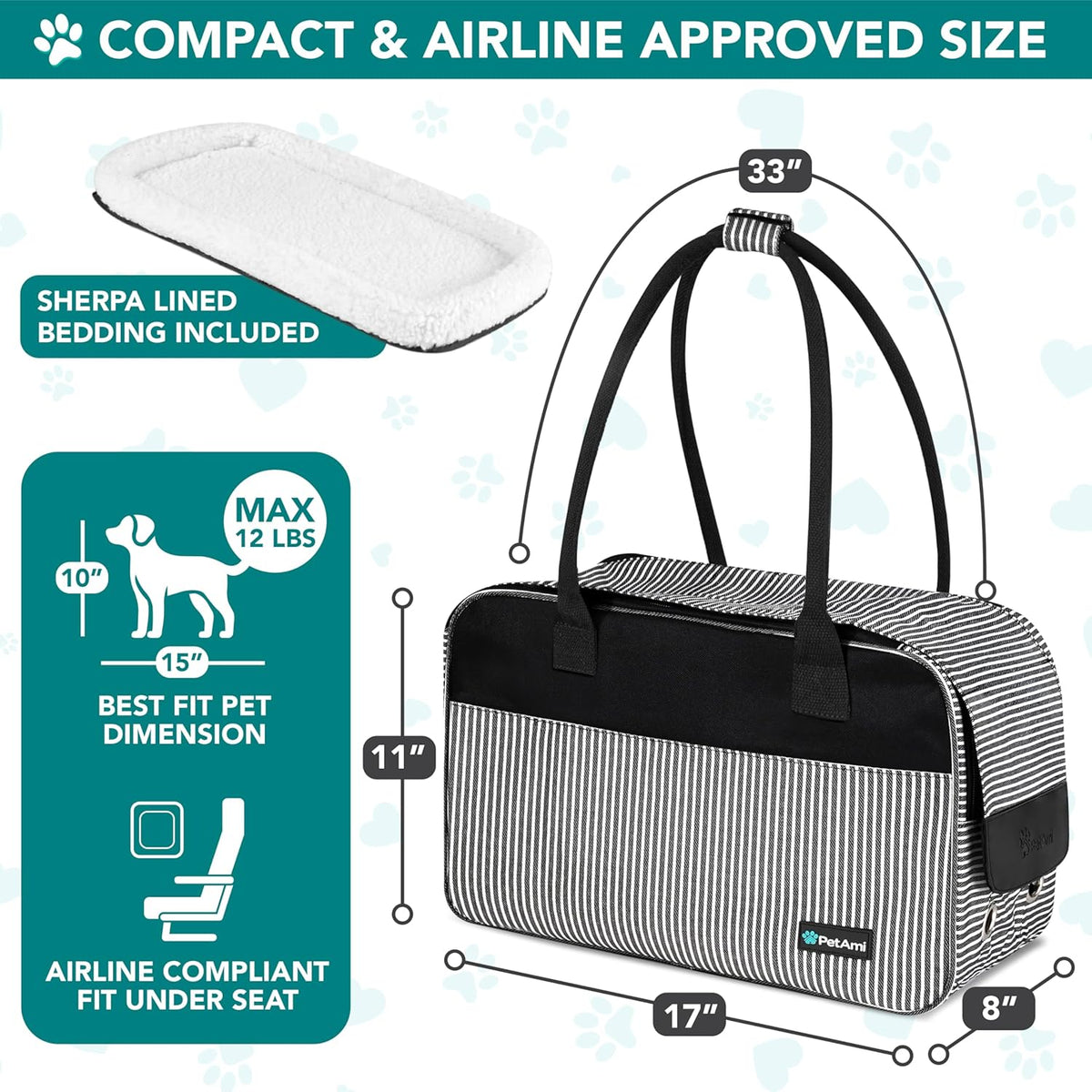 Small Dog Purse Carrier with Pockets, Airline Approved, Stripe Black