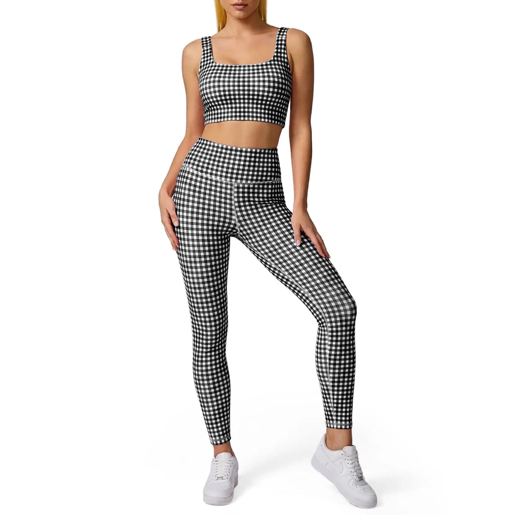 Aoysky Women'S Sporty Gingham Print 2-Piece Matching Yoga Set with Padded Crop Tank and High Waist Leggings, Matching Outfits, Female, Plain, Pants, Gym Workout Set, Athletic Yoga Set