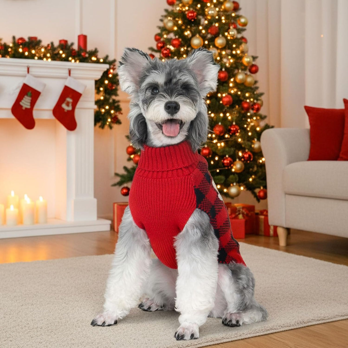 Dog Christmas Sweater for Small Dogs with Red Buffalo Plaid Reindeer