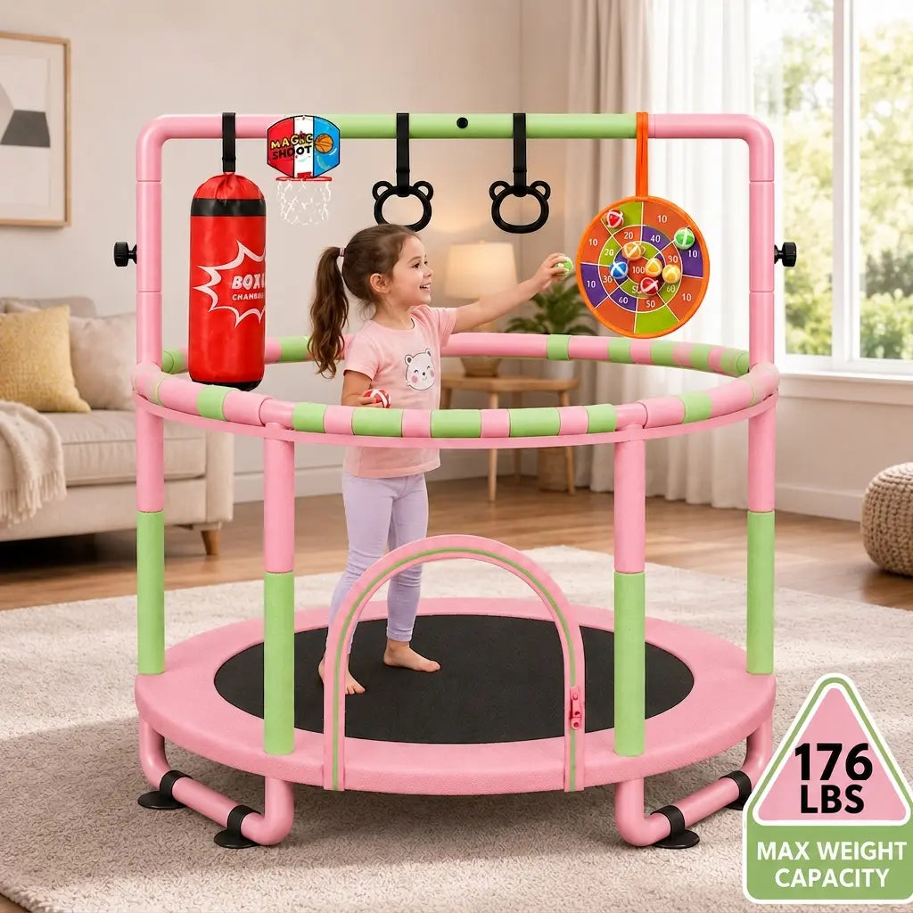 Yohood 55" Trampoline for Kids with Enclosure, 6-In-1 Toddler Trampoline Indoor Outdoor, Upgrade Full Anti-Rust Tube with Adjustable Gymnastics Bars for Boys Girls