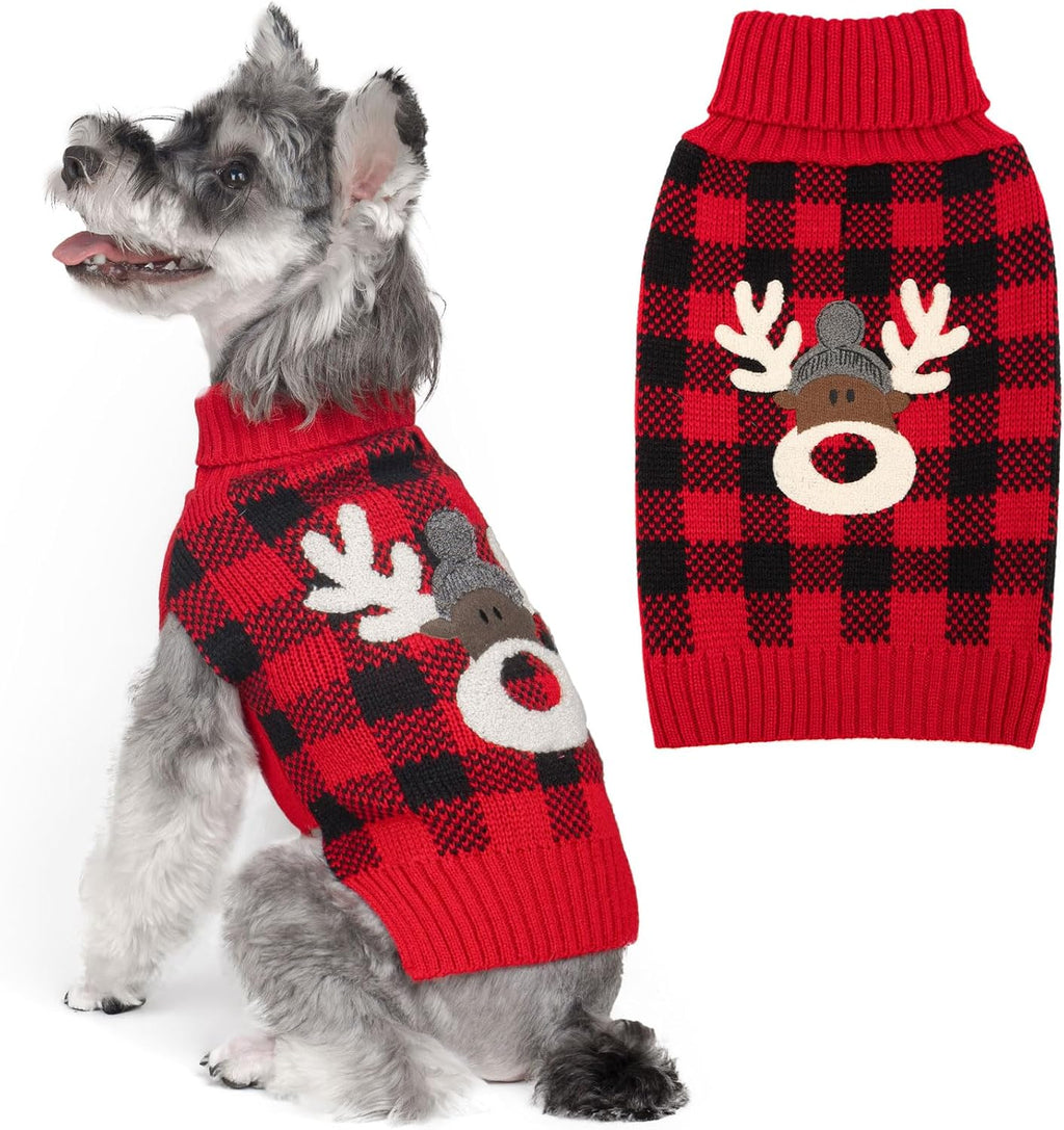 Dog Christmas Sweater for Small Dogs with Red Buffalo Plaid Reindeer