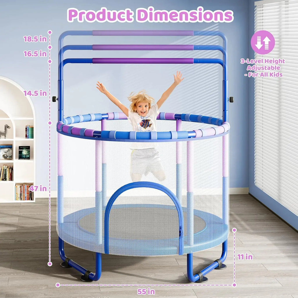 Yohood 55" Trampoline for Kids with Enclosure, 6-In-1 Toddler Trampoline Indoor Outdoor, Upgrade Full Anti-Rust Tube with Adjustable Gymnastics Bars for Boys Girls